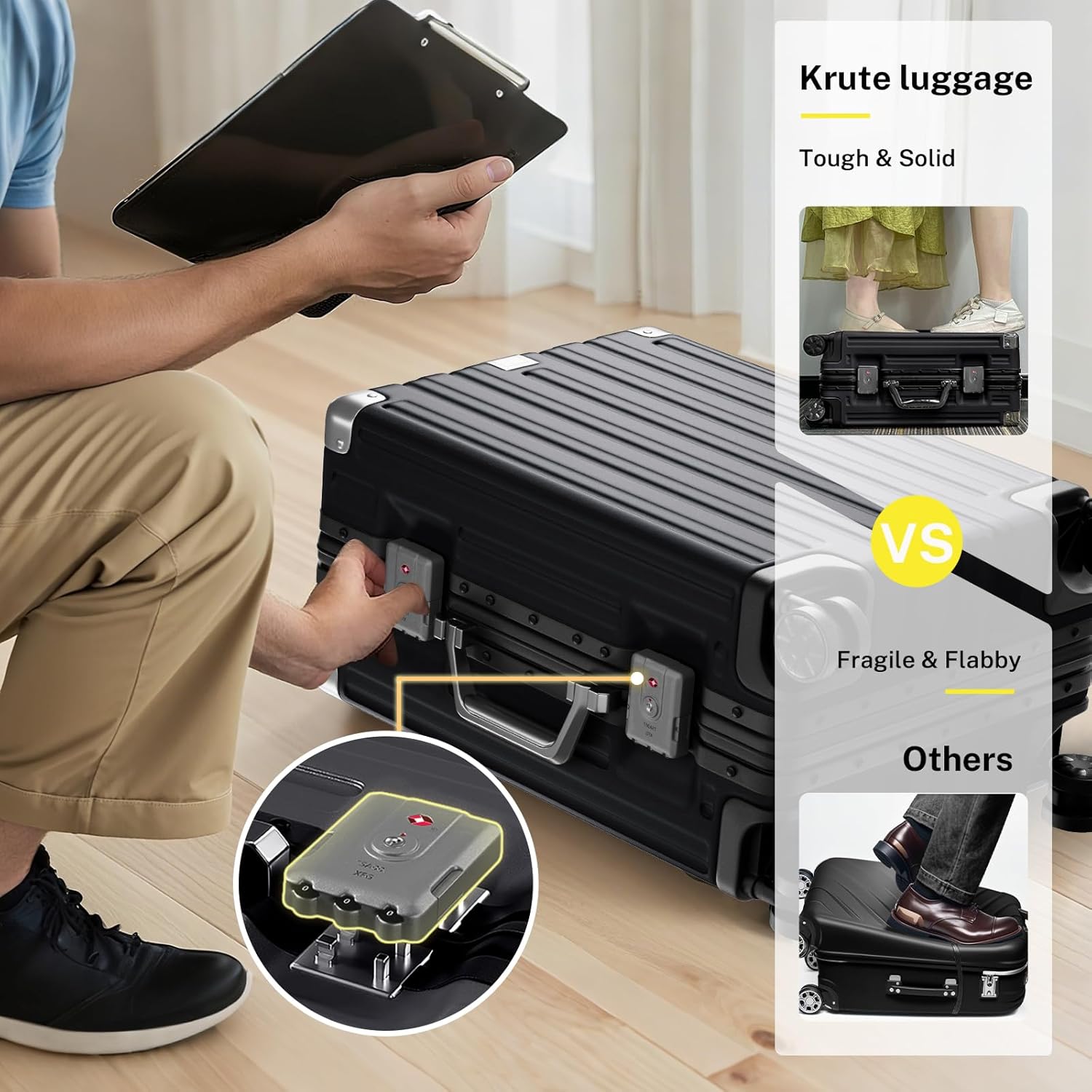Krute Checked Aluminum Frame Suitcase 24 Inch Zipperless Luggages Hardside PC Luggage With Spinner