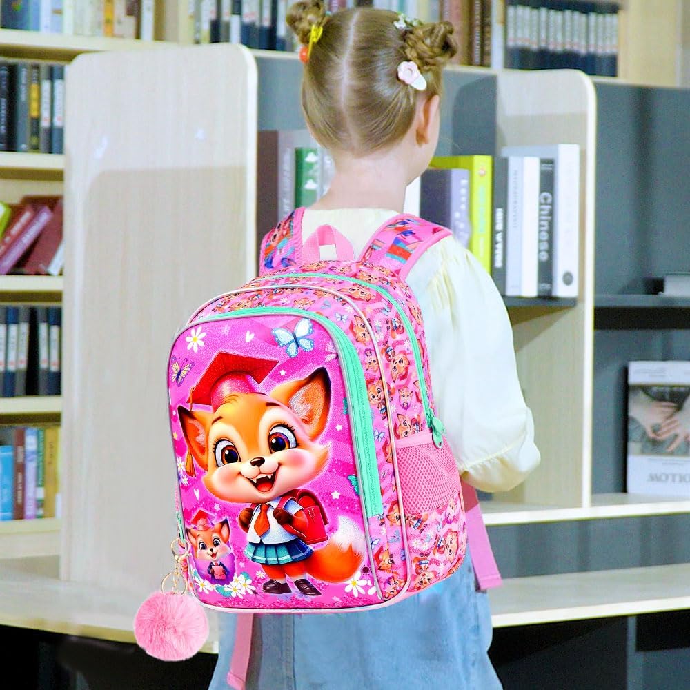 3PCS Girls Fox Backpack, 16" Kids Bookbag with Lunch Box, Water Resistant Elementary Preschool Toddler School Bag - Pink Dr. Fox