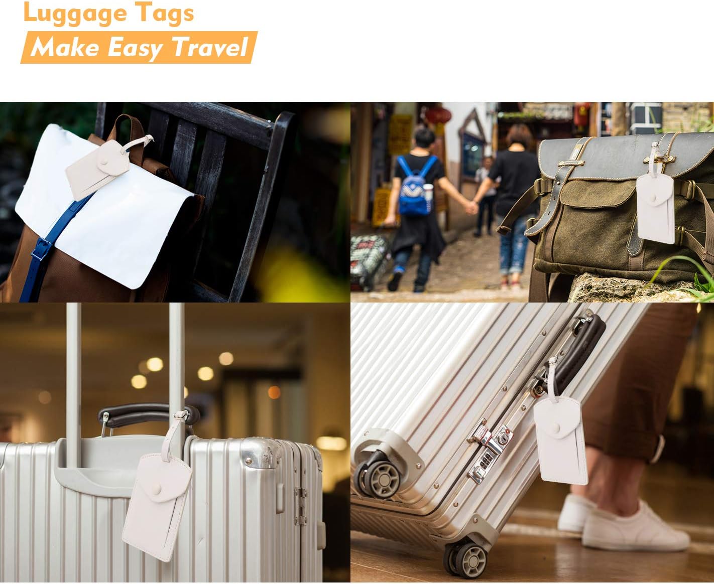Kevancho Leather Luggage Tags for Men Women, Suitcase Labels Baggage Bag Tag ID Tags with Full Back Privacy Cover for Cruise Ships, Travel Accessories Tags Set of 4 PCS (White)