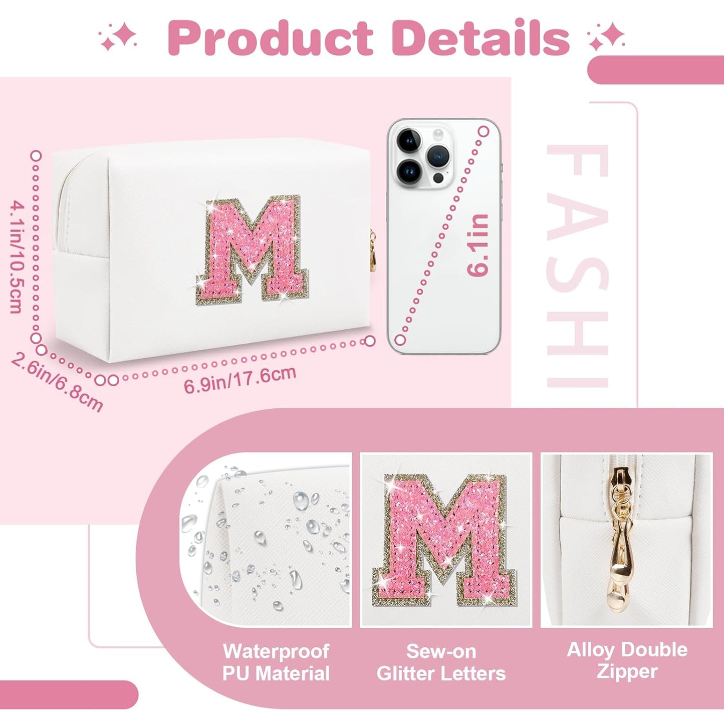 Small Initial Patch Makeup Bag Personalized Gifts Make Up Bag,White Cute PU Leather Glitter Letter Cosmetic Bag with Zipper,Trendy Portable Travel Toiletry Pouch,Preppy Stuff for Teen Girls Women M
