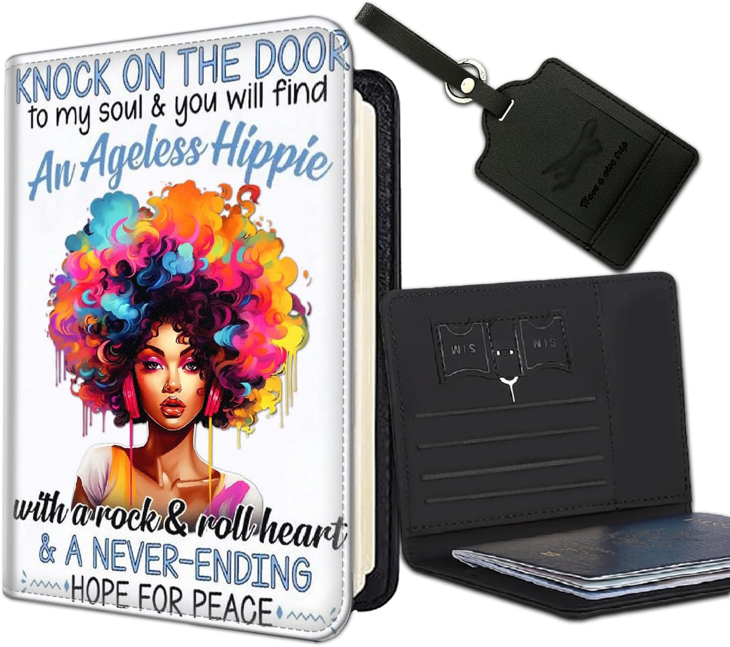 Passport Holder Women Wallet with Luggage Tag, Leather Passport Cover with RFID Blocking, Travel Accessories Multi Card Slot Passport Case for Men，Afro African Girl with Colorful Hair
