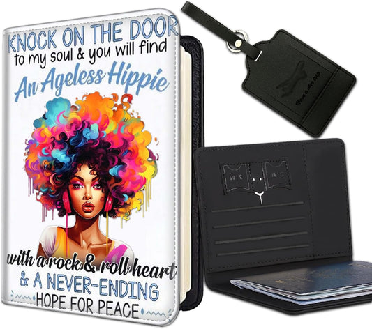 Passport Holder Women Wallet with Luggage Tag, Leather Passport Cover with RFID Blocking, Travel Accessories Multi Card Slot Passport Case for Men，Afro African Girl with Colorful Hair