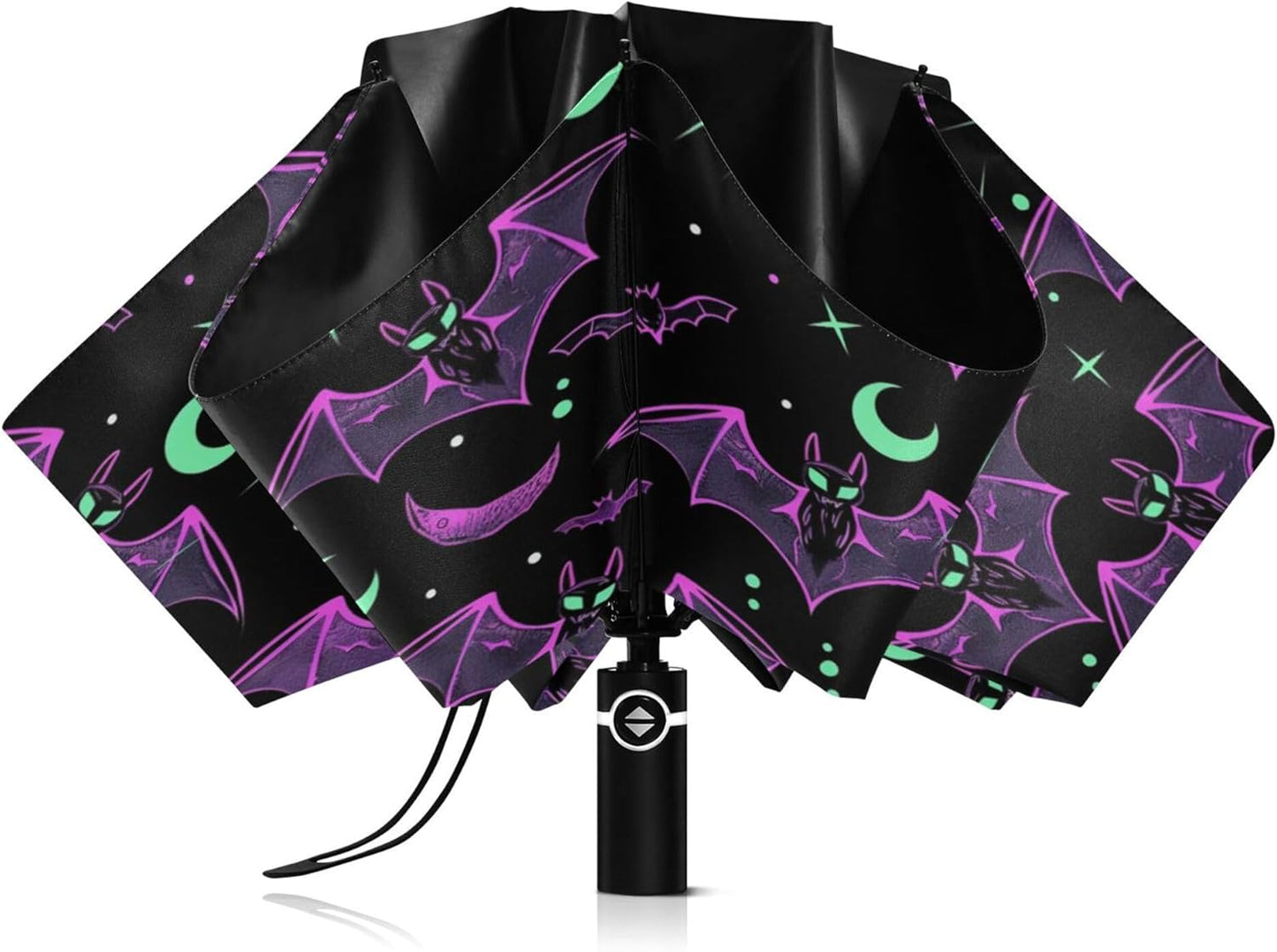 Automatic Folding Umbrella Windproof Strong, UV Protection Compact Black Gothic Moon Spider Webs and Bats Sun Rain Sun Rain Travel Umbrellas for Women Men