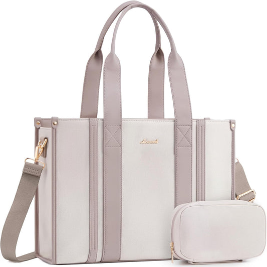 LOVEVOOK laptop bag for women 15.6 inch large Lightweight canvas work tote bags with Clutch Purse water resistant computer bags for laptops for women Business Office Travel college Casual, Nude pink