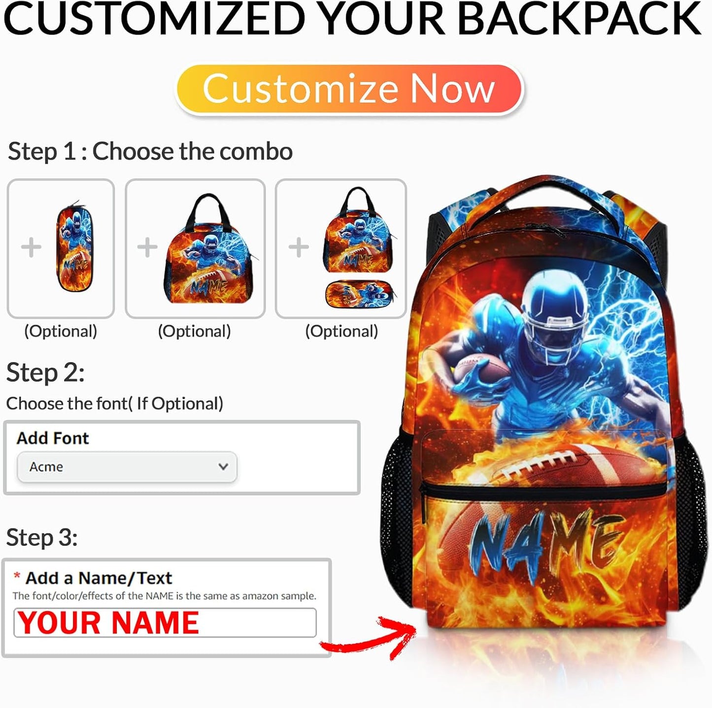 Boys Backpack, Football Backpacks with Custom Name for Kids Teens, 17 Inch Lightweight Sport School