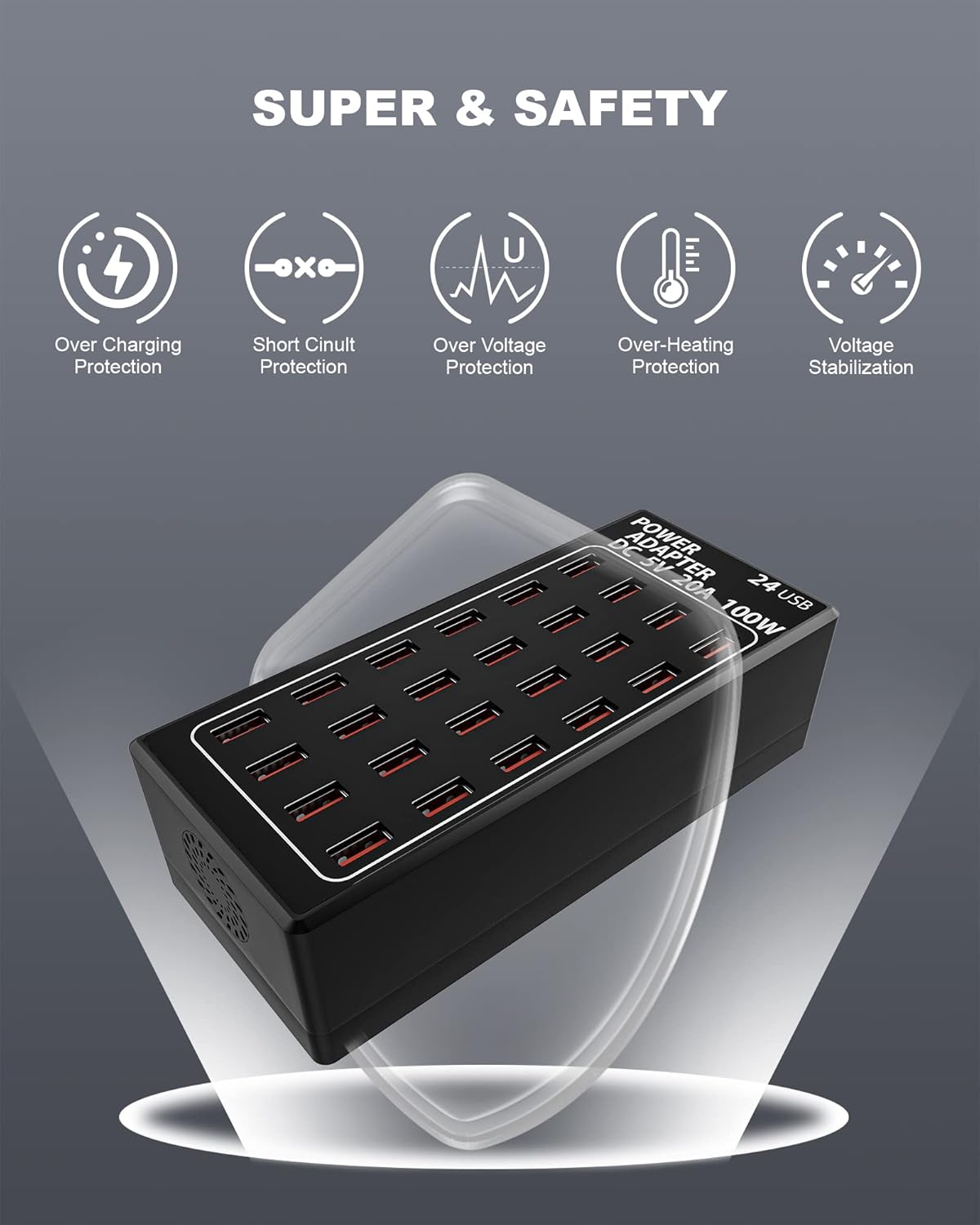 USB Charging Station,Cinlinso 24 Port 100W(20A) Multiport USB Fast Charger with Intelligent Detection for Smartphones,Tablets and More,Suitable for School Hotel Mall Shop Travel