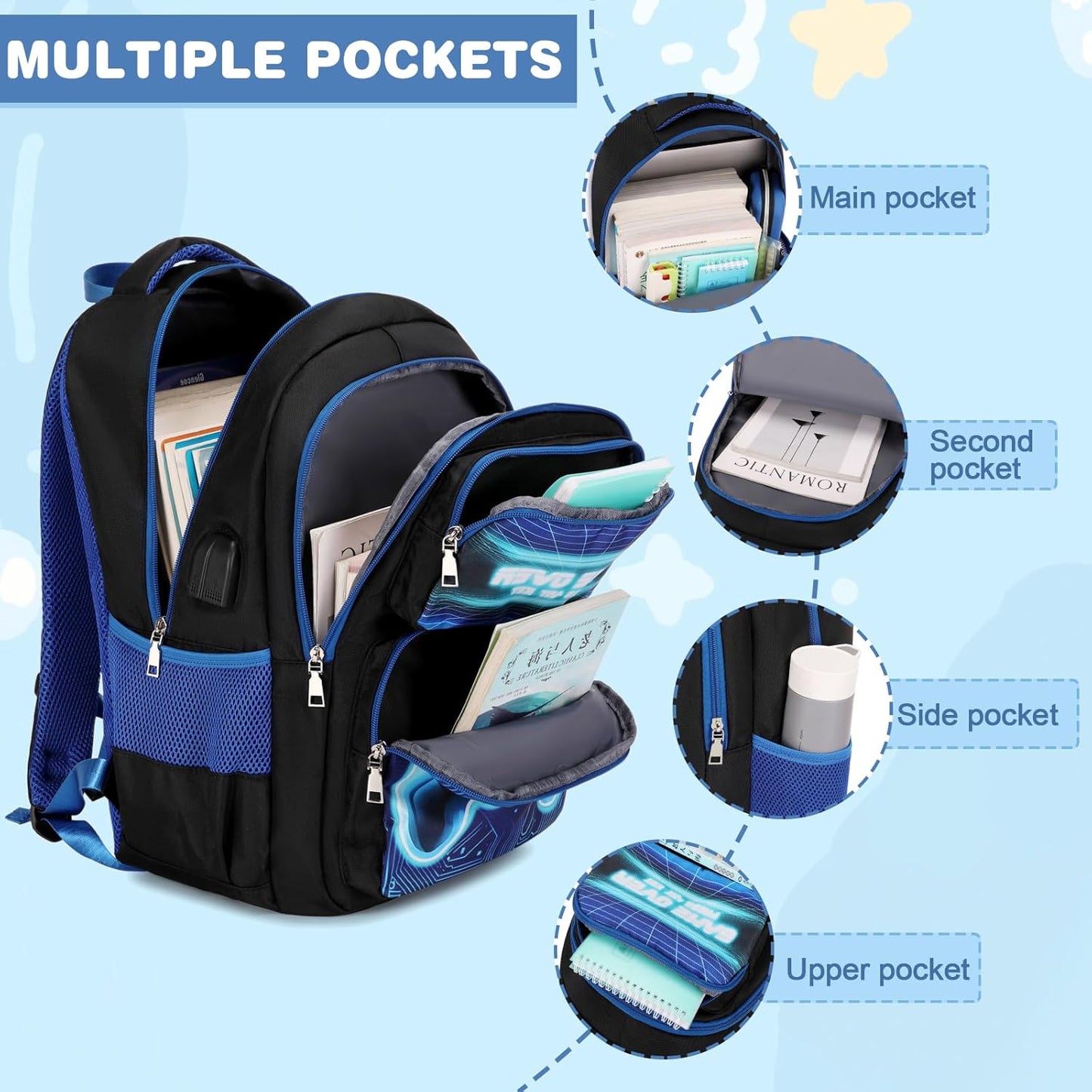 Bevalsa Backpack for Boys, School Bags for Kids, Bookbag for Boys Girls Children Teens Backpacks for Elementary Middle High school Student, Bookbag and Lunch Bag Set with USB Charging Port (Blue)