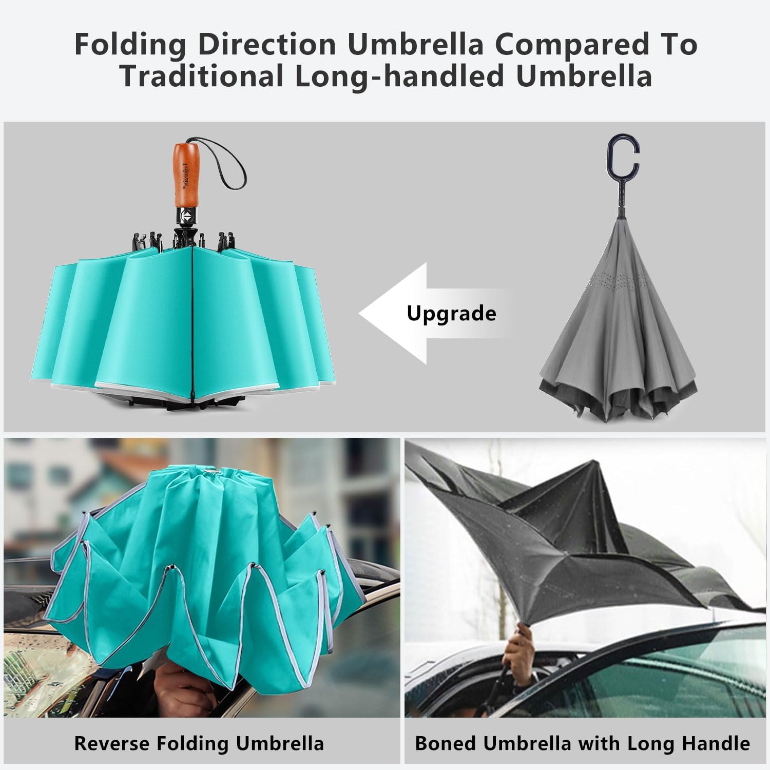 Lejorain Golf Large Inverted Umbrella - Black Big Windproof Heavy Duty Upside Down 46/50/54 Inch