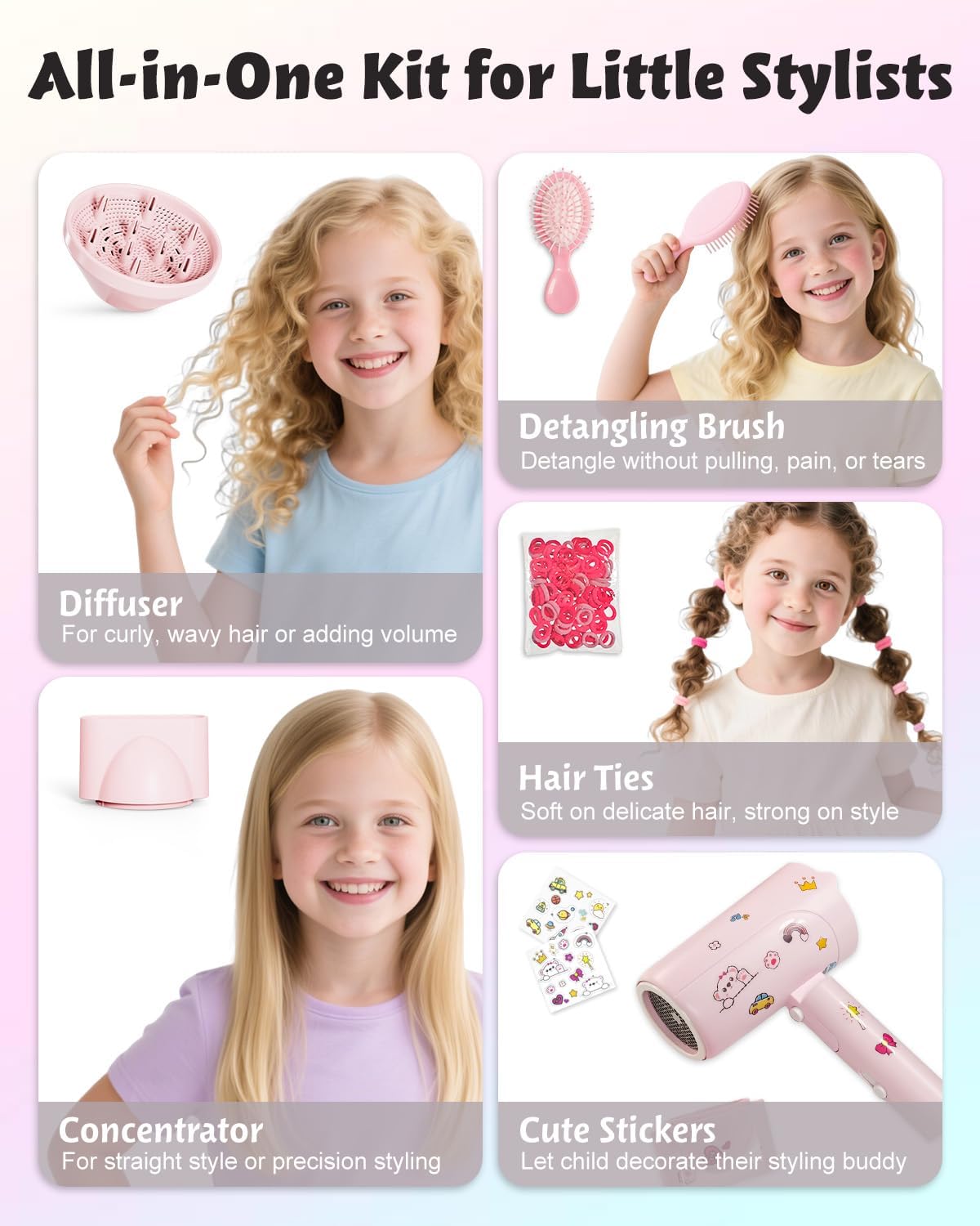 FeeKaa Foldable High Speed Kids Hair Dryer 100 Million Negative Ions, Mini Ionic Travel Kids Blow Dryer with Diffuser Concentrator Detangler Brush Hair Ties Cute Stickers, Compact, Lightweight, Quiet