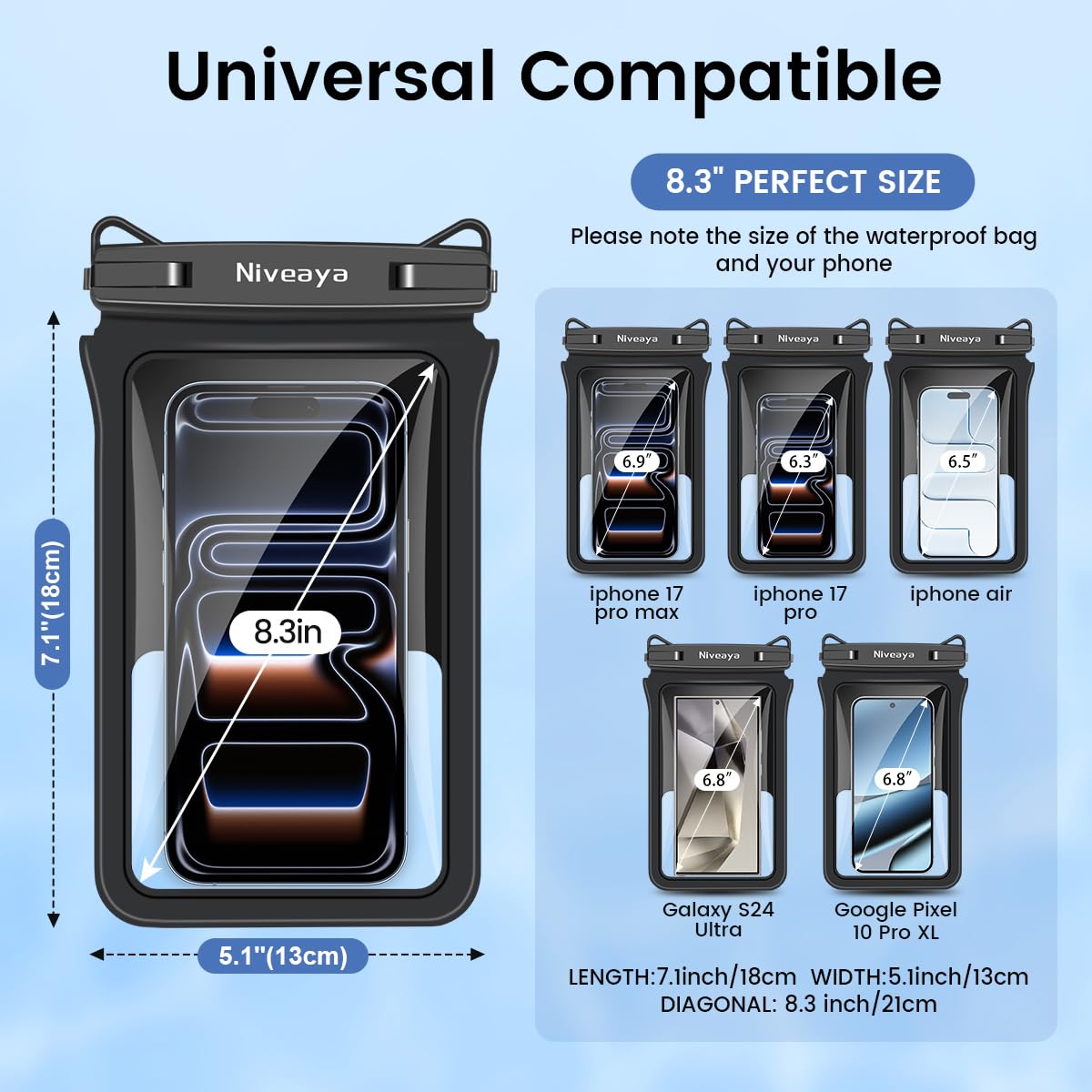 Niveaya IPX8 Double Space Waterproof Phone Pouch (up to 8.3") -2 Pack Waterproof Phone Case with
