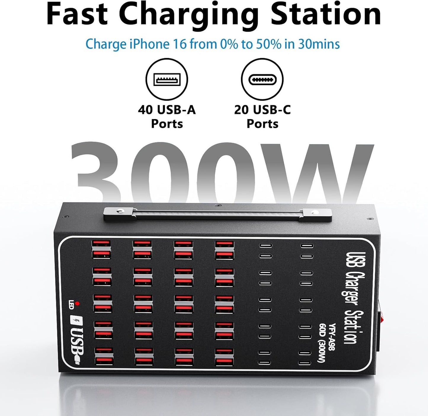 USB Charger Block Charging Station, 60 Port 300W(60A) USB C Charger, Fast Charger for Multiple Devices Desktop USB Charger Hub Compatible with iPhone 17 16 15 14 13 12, iPad, Samsung Galaxy, Table