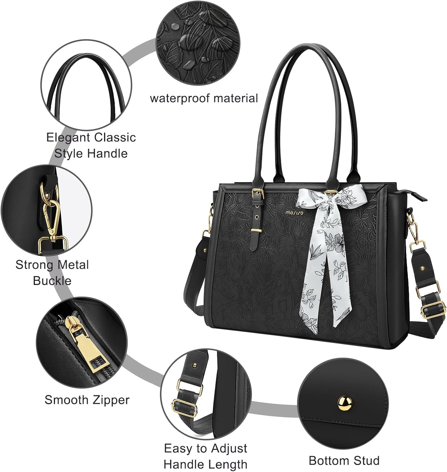 MOSISO Laptop Bag for Women, PU Leather Tote Bag, Front Embossed Retro Hibiscus Computer Bags with Silk Scarf&Clutch Purse