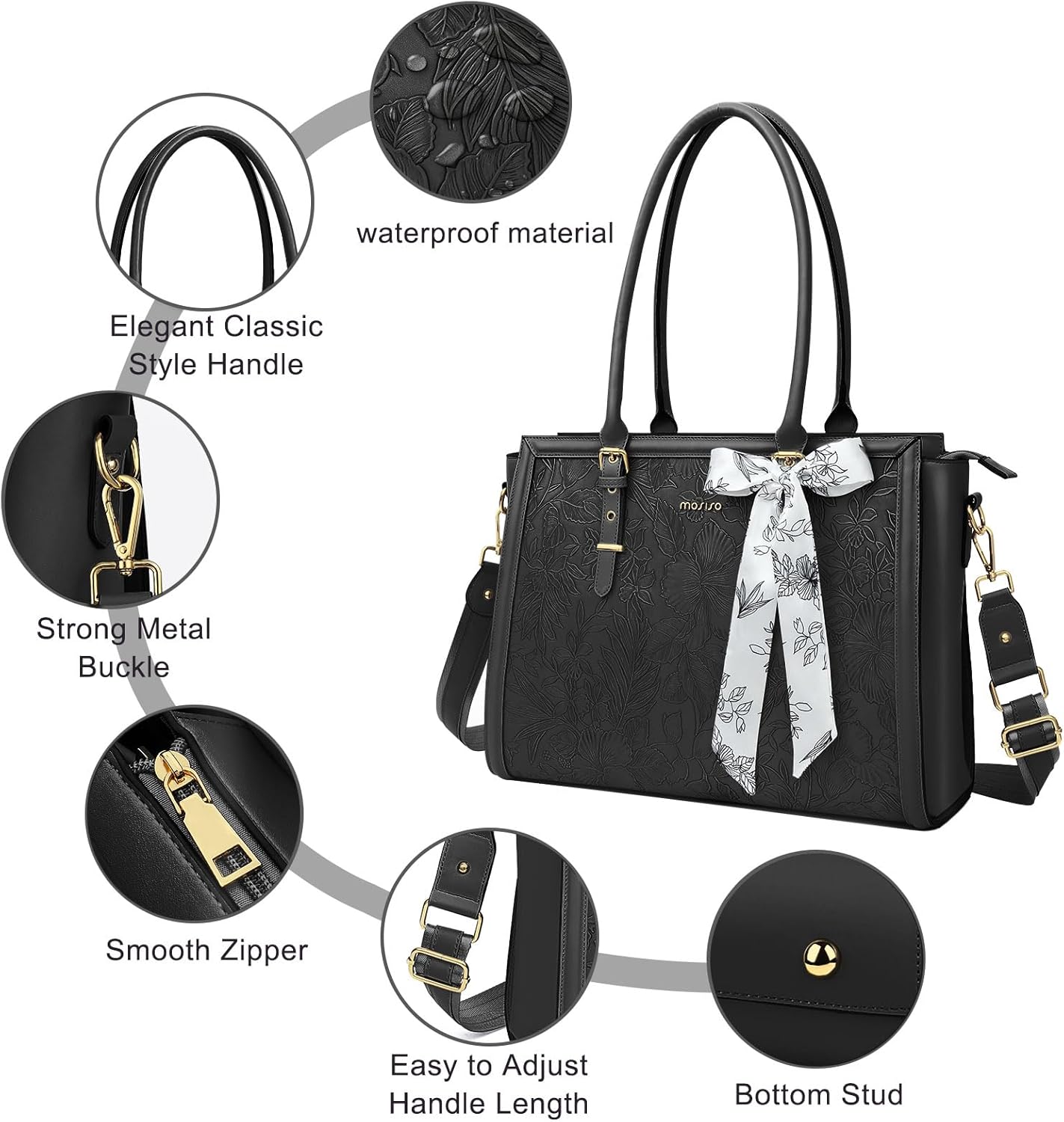 MOSISO Laptop Bag for Women, PU Leather Tote Bag, Front Embossed Retro Hibiscus Computer Bags with Silk Scarf&Clutch Purse