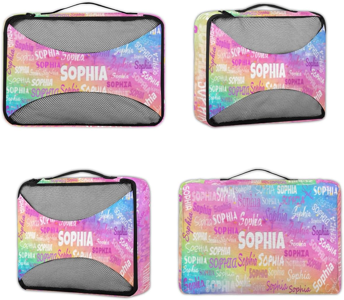Personalized Name 4 Set Packing Cubes Luggage Packing Organizers Travel Accessories for Women Girls, Colorful Pink Watercolor