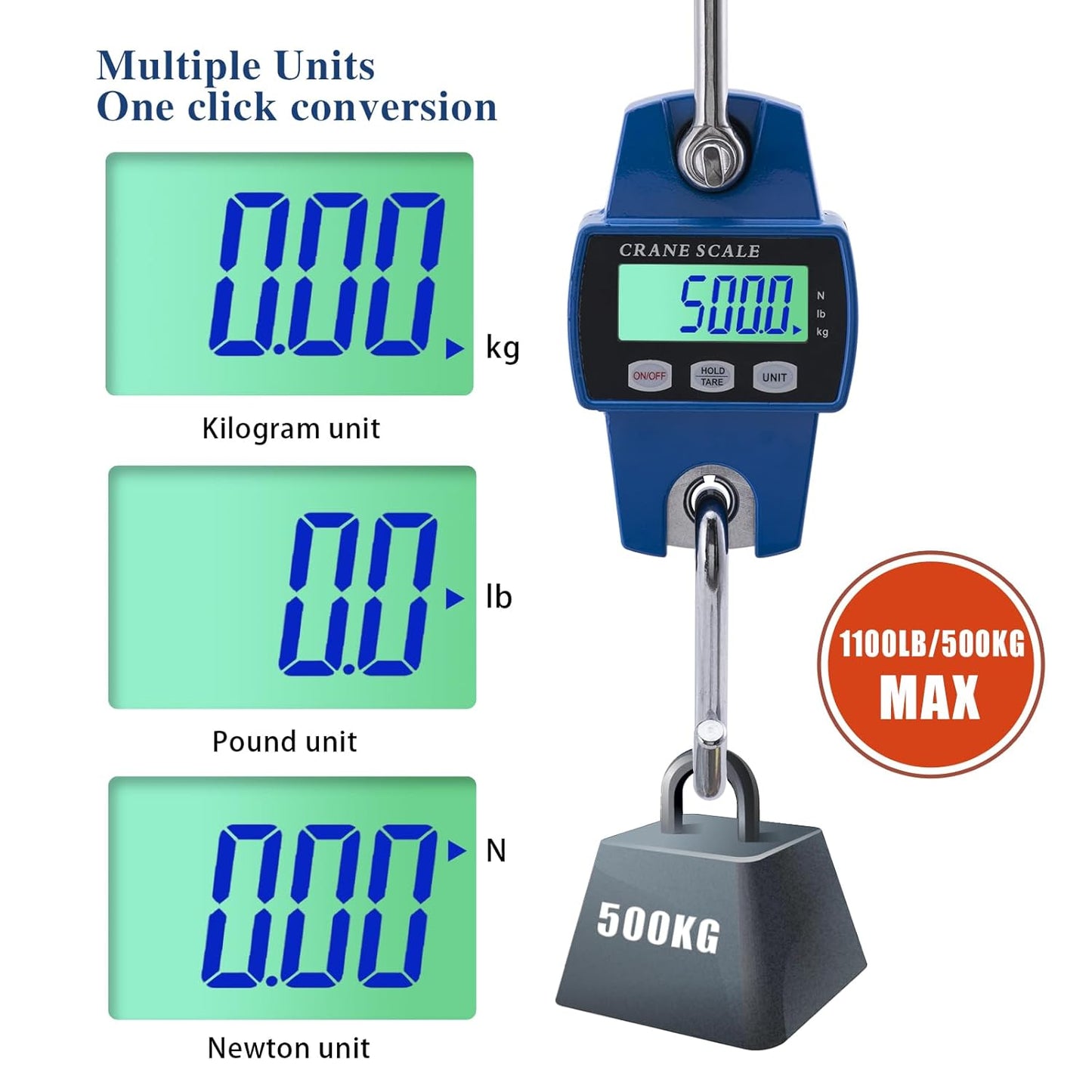 Goture Digital Hanging Scale,500kg/1100lbs Crane Scales,Fishing Scale with LED Display, Heavy Duty Hanging Weight Scale for Fishing,Luggage,Big Game,Farm,Hunting,Industries,Warehouse