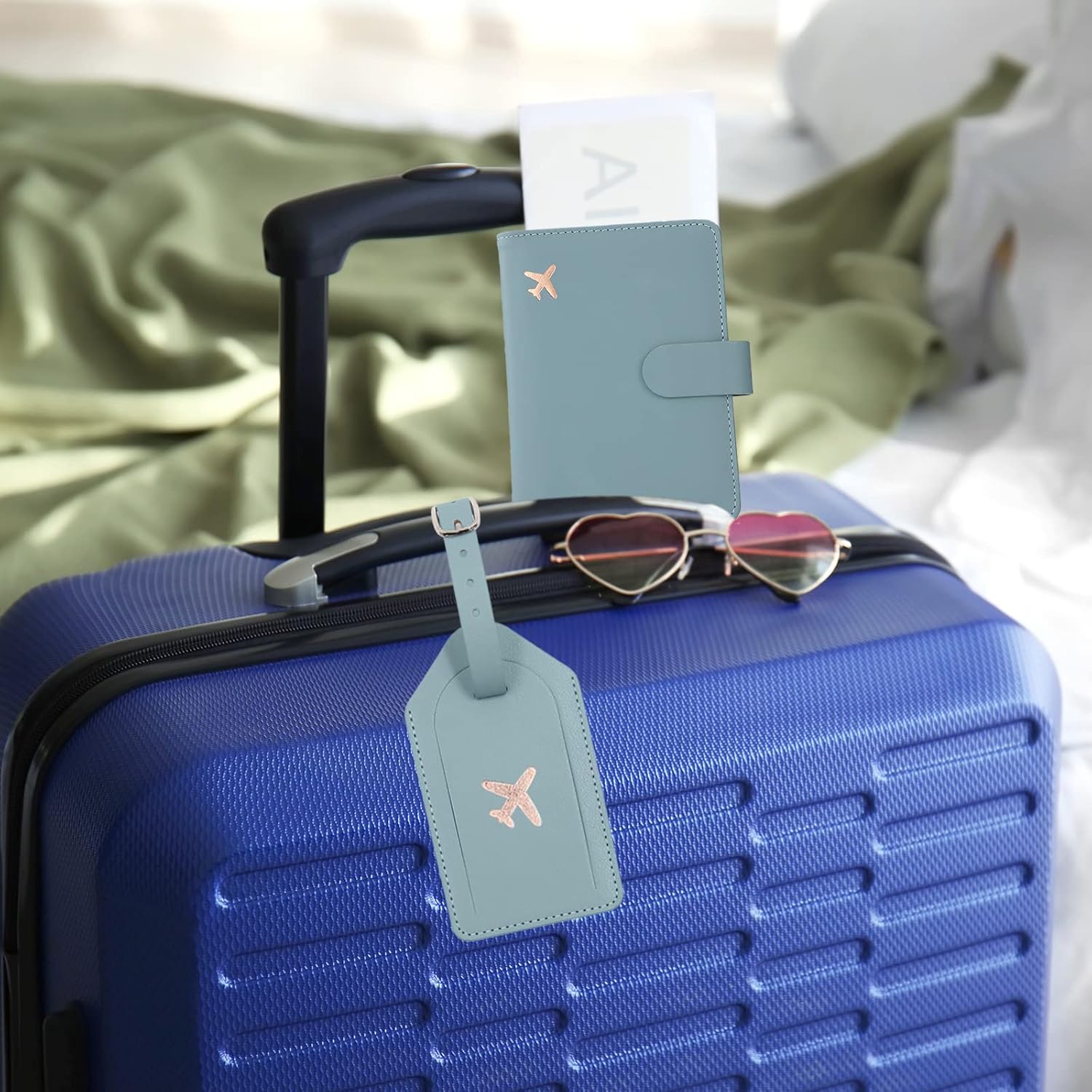 Real Leather Wallet RFID Passport Holder with Suitcase Tag Set Card Slots (Blue)