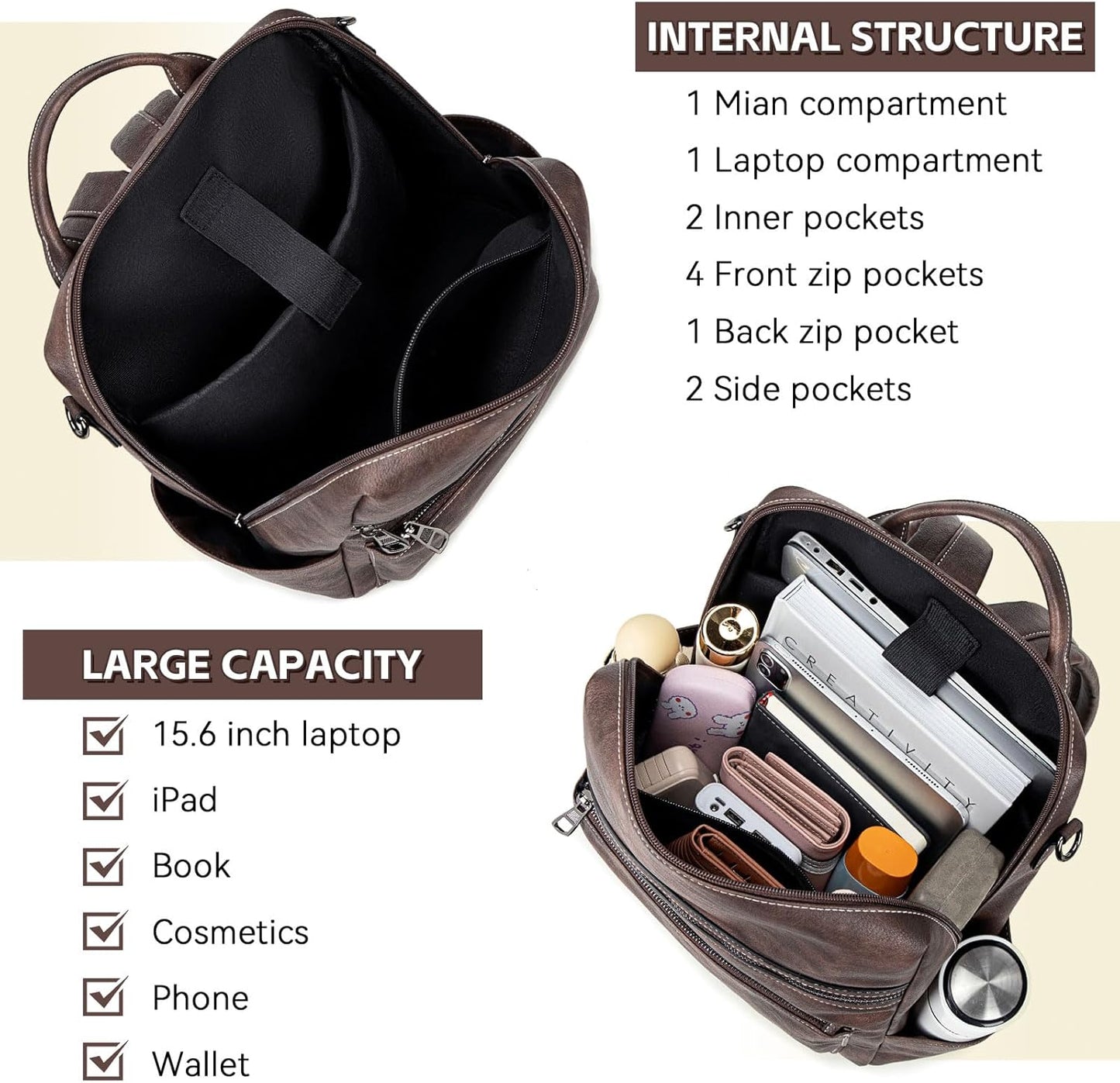 Vegan Leather Laptop Backpack for Women 15.6 Inch Work Backpack Purse for Travel College