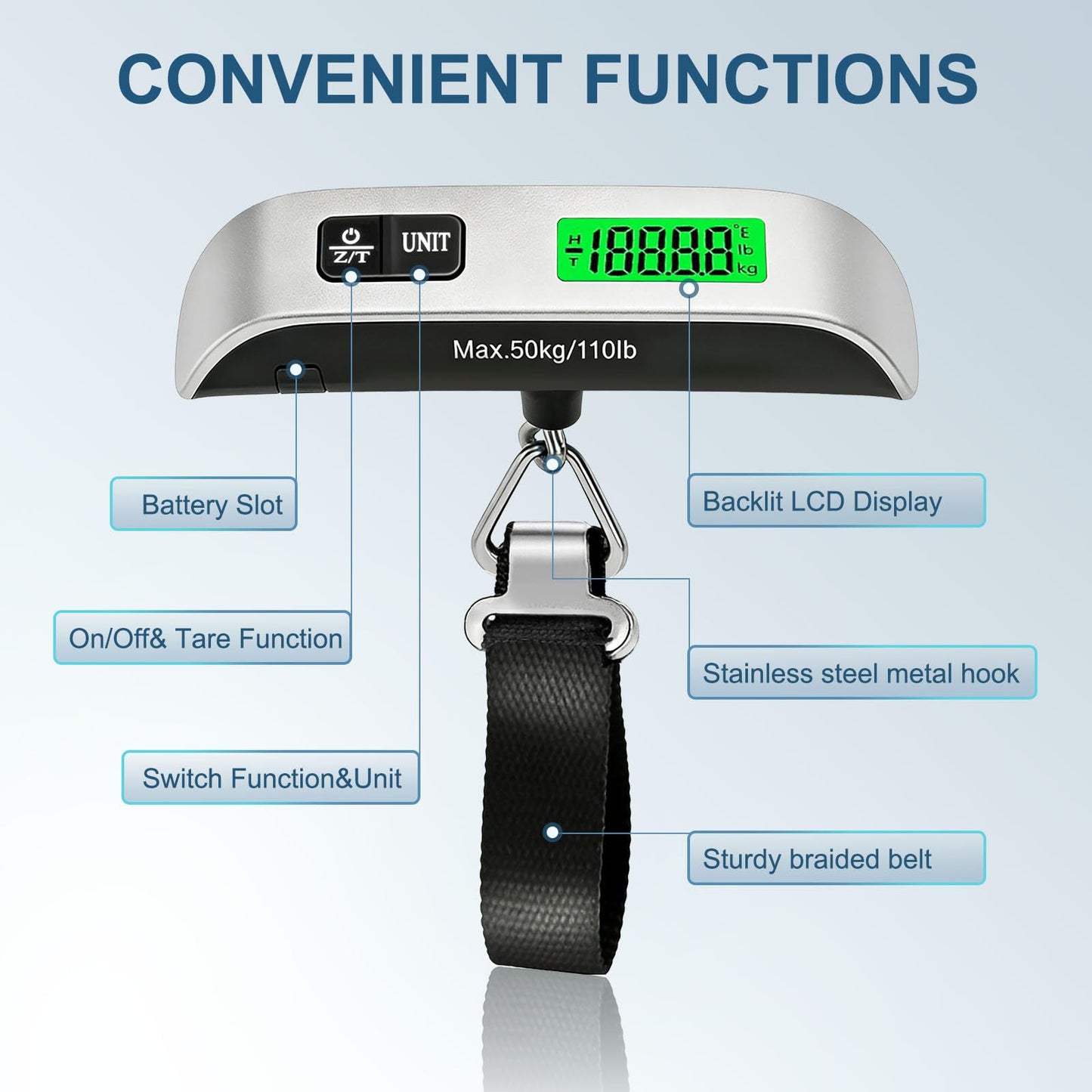 SkyStage Digital Luggage Scale, 110lb Suitcase Weight Scale for Travel with Backlit LCD Display