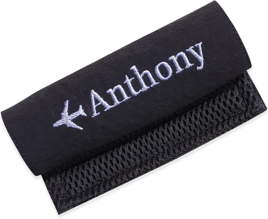 Personalized Luggage Handle Wrap Finder | Custom Embroidered Icon Monograms or Short Text ID Tag | Cover Identifier Marker for Suitcase or Bag | Grips Accessories for Travel by ACORD EU (Black)