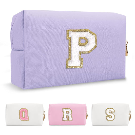 Personalized Makeup Bag Initial A-Z Preppy Patch Bag,Small PU Leather Travel Cosmetic Bag Pouch with Zipper,Purple Cute Toiletry Bag,Gift Ideal for Teen Girls Women Birthday Friend Mom,Latter P