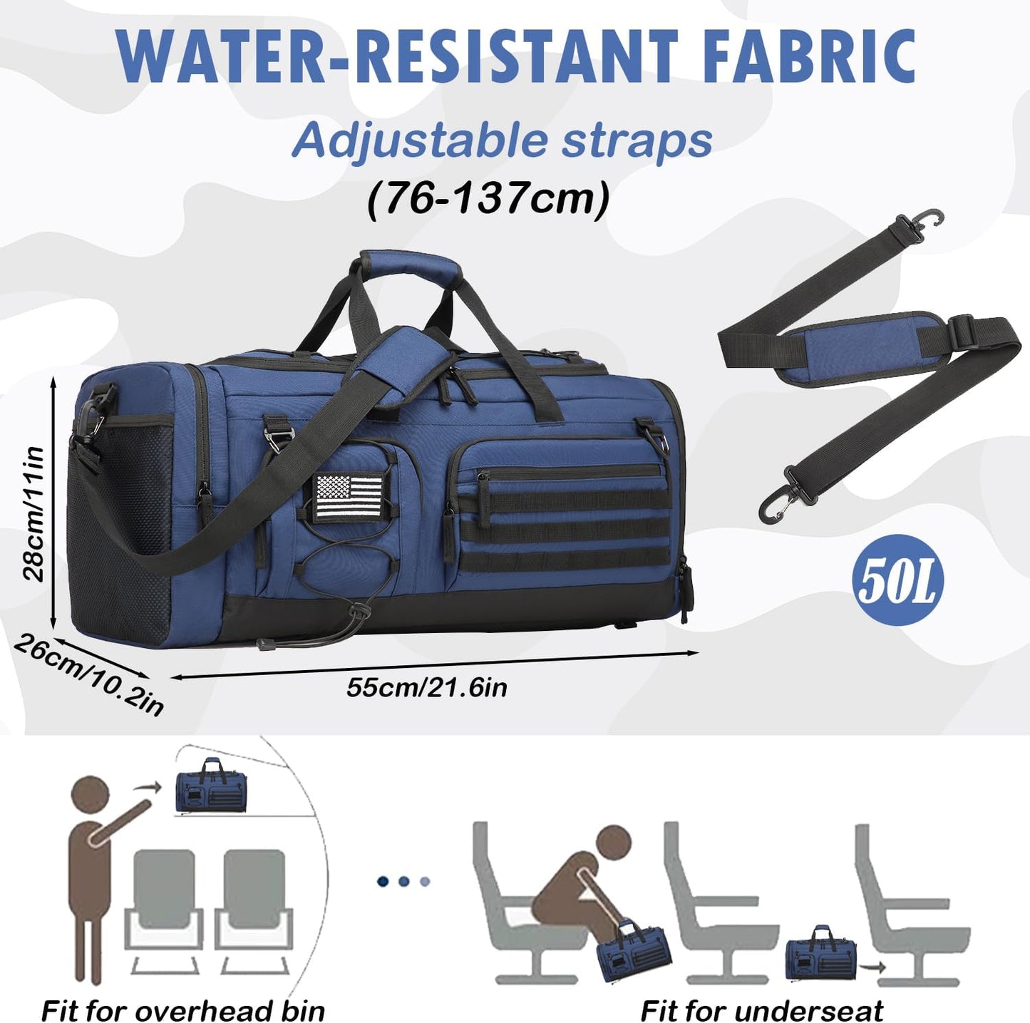 Gym Bag for Men and Women, 50L Extra Large Duffle Bag, 3-in-1 Travel Sports Duffel Bags with Shoe & Laptop Compartment for Overnight Weekender Gym Traveling Workout Deployment, Black+ Blue