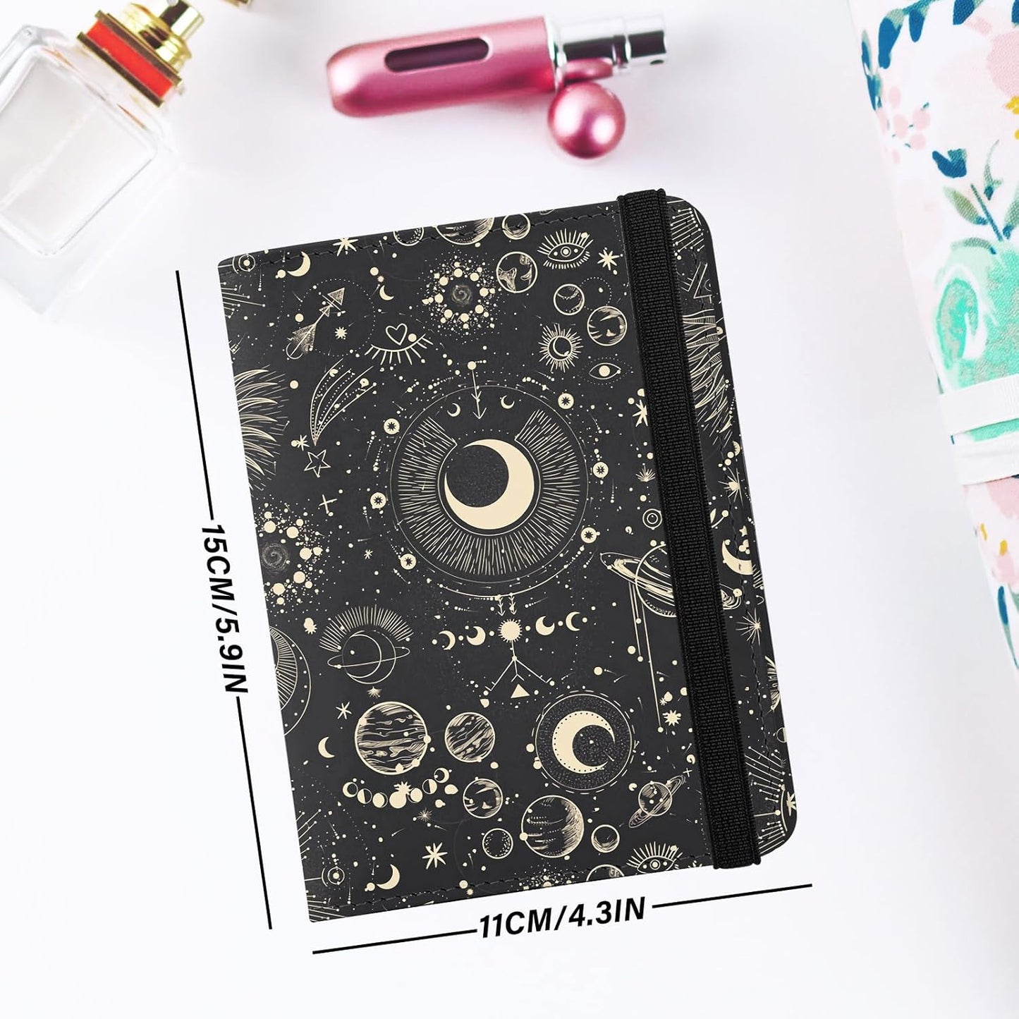 Cute Passport Holder and Holder Combo Passport Cover with Compatible Wallet Credit Card Protector RFID Blocking Women Men (Black Moon Sun)