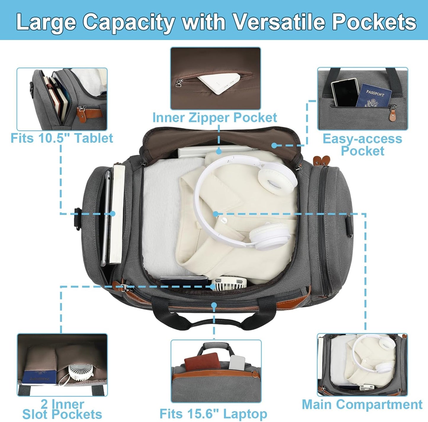 Canvas Travel Duffel Bag for Men - 21 Inch Expandable 47L Weekender Bags with Trolley Sleeve & Toiletry Bag, Overnight Carry On Luggage with Removable Shoulder Strap, Durable & Water-Resistant