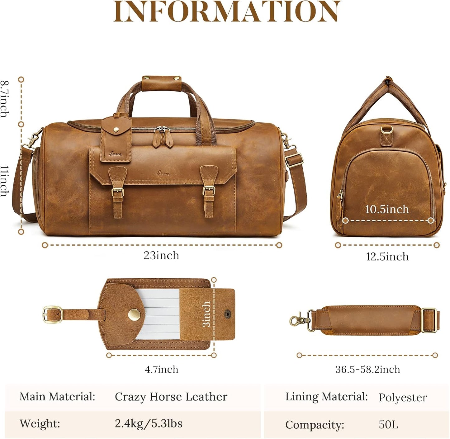 S-ZONE Genuine Leather Travel Duffle Bags for Men Women Carry On Garment Weekender Bags(Light Brown)