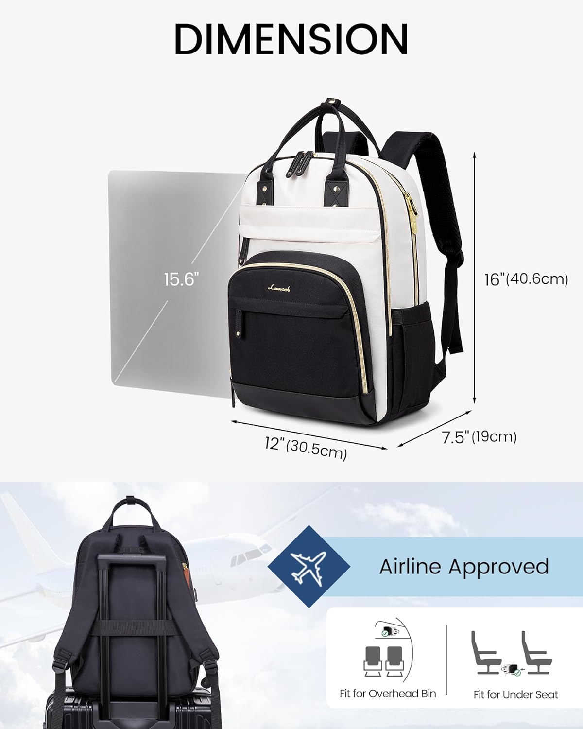LOVEVOOK Backpack for Women,Laptop Backpack Women,Fits 15.6 Inch Laptop Bag,School Backpacks,Fashion Travel Work Anti-theft Bag,Waterproof Business Computer College Backpack Purse,Black-Off-white