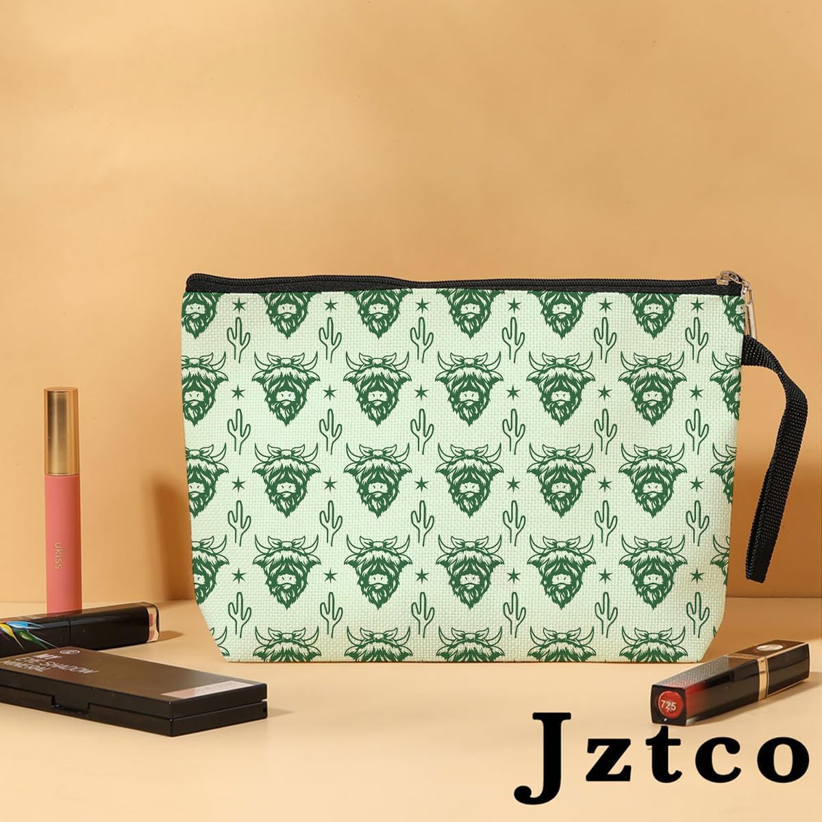 Highland Cow Makeup Bag, Western Cosmetic Bag, Western Gifts for Women, Cowgirl Makeup Bag, Cowgirl Stuff, Western Stuff for Women, Country Girl Gifts, Country Zipper Pouch Bag Travel Bag -7 Green