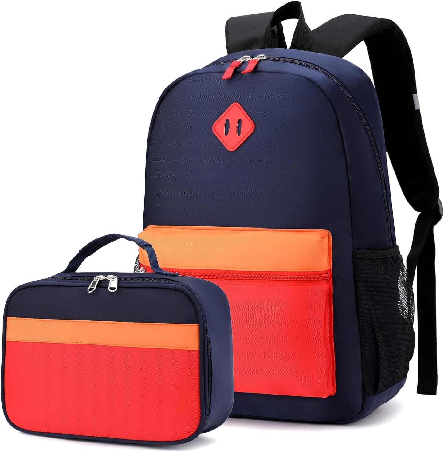 Kids Backpack Lunch Box Set Kindergarten School Backpacks 3-6 Years for Boys and Girls with Chest Buckle (Set Navy Red, Medium-15 H)