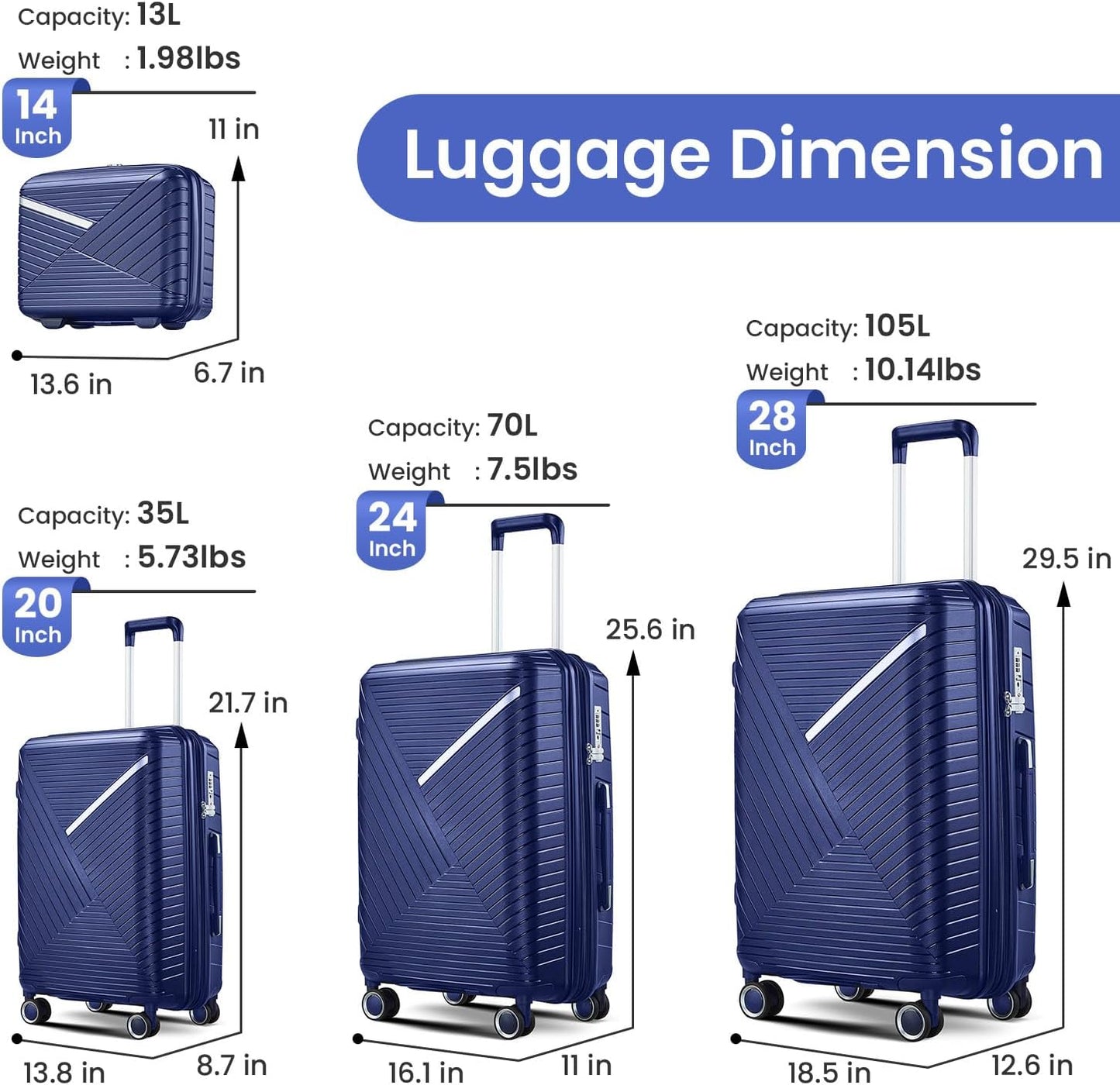 4-Piece Expandable Hardshell Luggage Set with TSA Lock (14/20/24/28) - Lightweight PP Suitcases, 360° Silent Spinner Wheels and Durable 100LB Handle for Air Travel (D# Navy Blue)