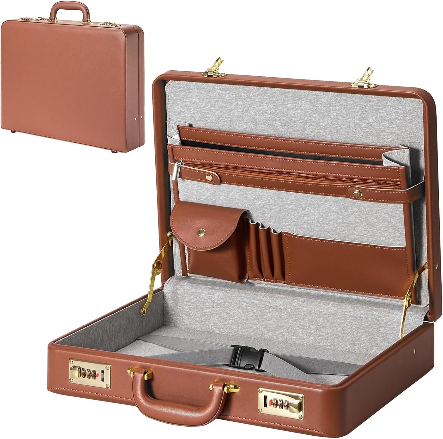 Briefcases for Men, Anti-Theft Dual Lock Briefcase with 16 Inch Laptop Compartment, Waterproof Faux Leather, Brief Cases Men with Multi File Organizer, Perfect for Office, Travel (Brown)