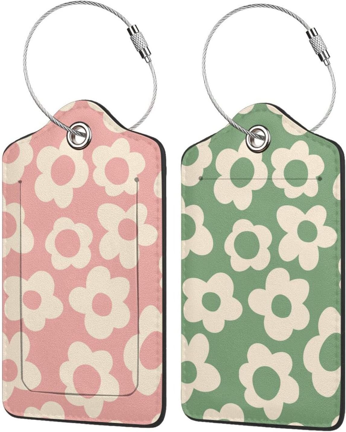 2 Pcs Pink Green Hippie Flower Luggage Tags for Suitcase, Cute Vintage Groovy Flowers Gift for Privacy Cover ID Label with Stainless Steel Loop