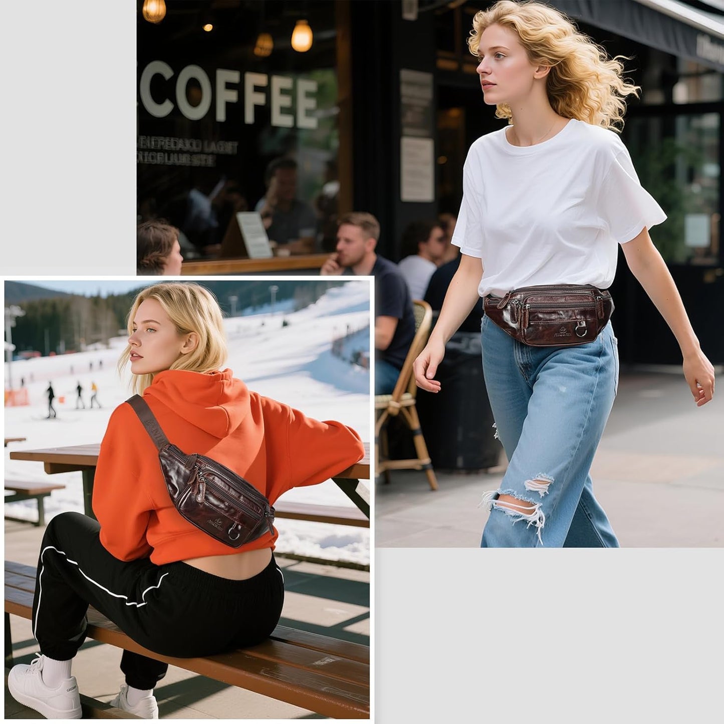 Genuine Leather Fanny Pack HandMade Durable cowhide Waist Bag Lots of Anti-theft zipper pocket Dark OilCoffee