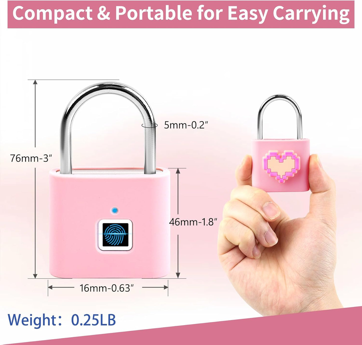 UMIKSMART Smart Fingerprint Lock, Combination Keyless Padlock with USB Charging, Waterproof for Bike, School Locker, Gym, Luggage, Storage, Sweet Pink Set