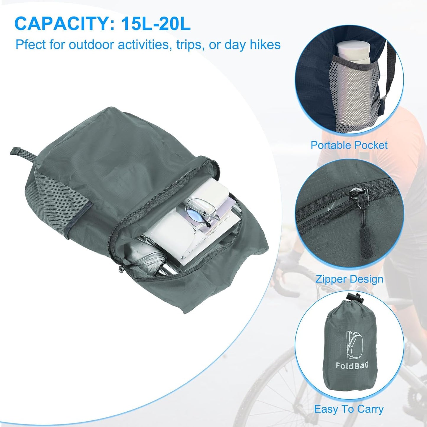 PATIKIL Hiking Backpack, 15L-20L Packable Lightweight Backpack Daypack Small Foldable Outdoor Camping Cycling Backpacking Shoulder Bag, Grey