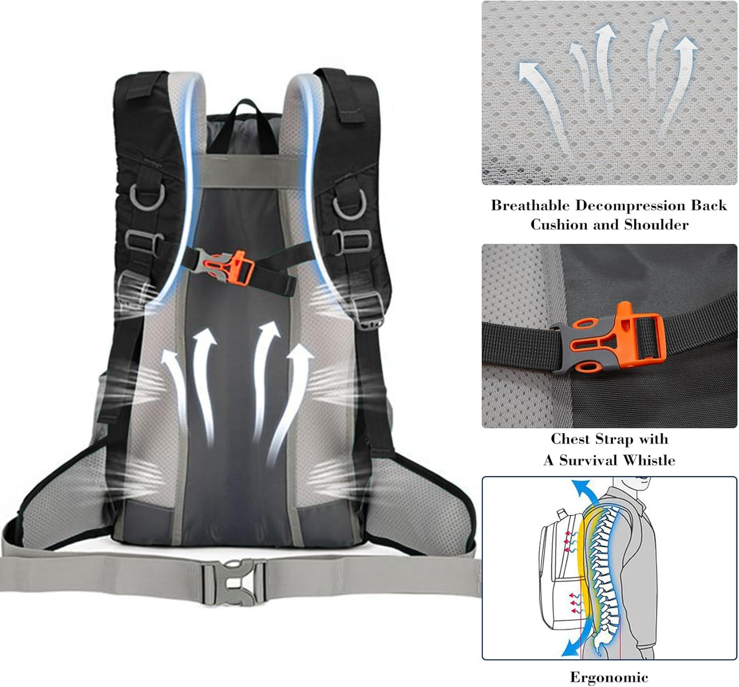Long Keeper 40L Hiking Backpack Camping Daypack with Waterproof Rain Cover Lightweight Outdoor Sport Travel Backpack Rucksack (Black)