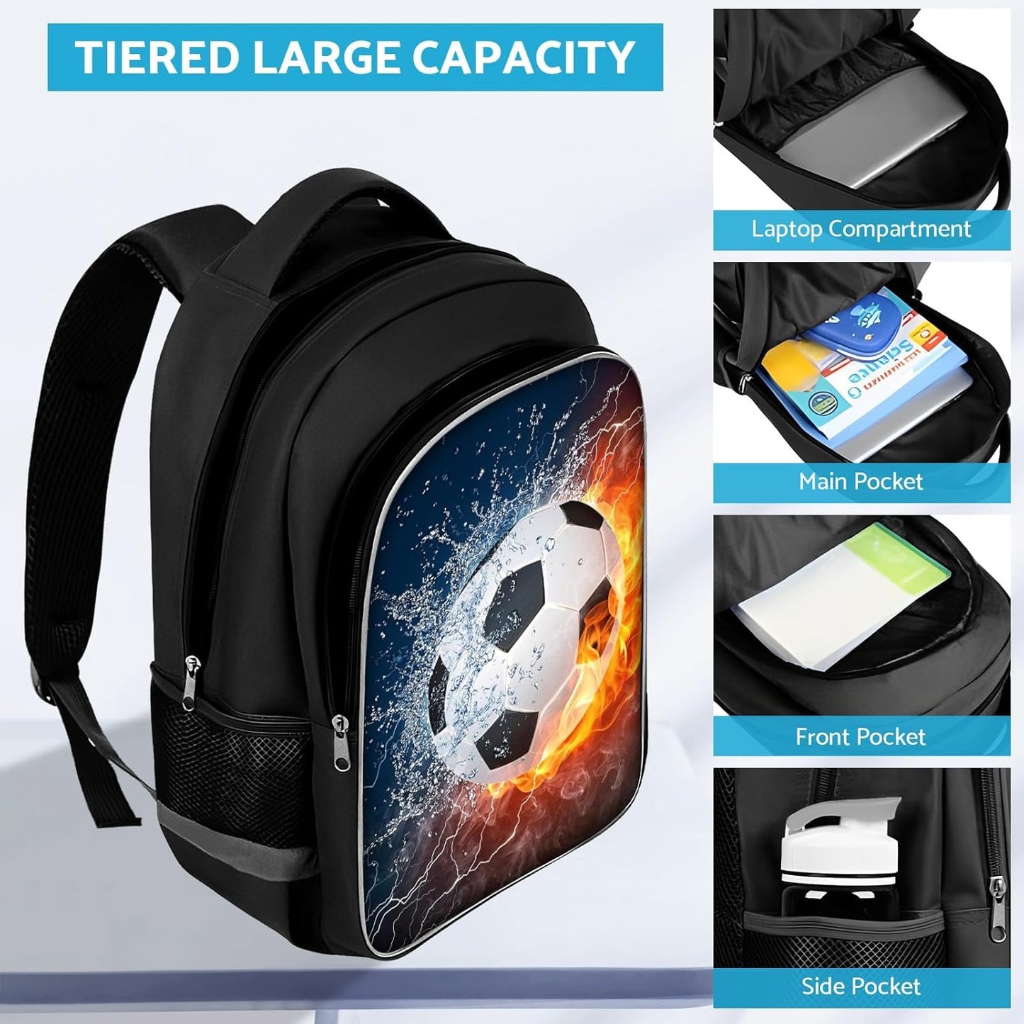 School Backpack for Boys - Soccer Boys Backpack for Kids Children Teens Elementary Middle School - Students Bag for Ages 6-18,17″Bookbag Multifunctional Large Capacity