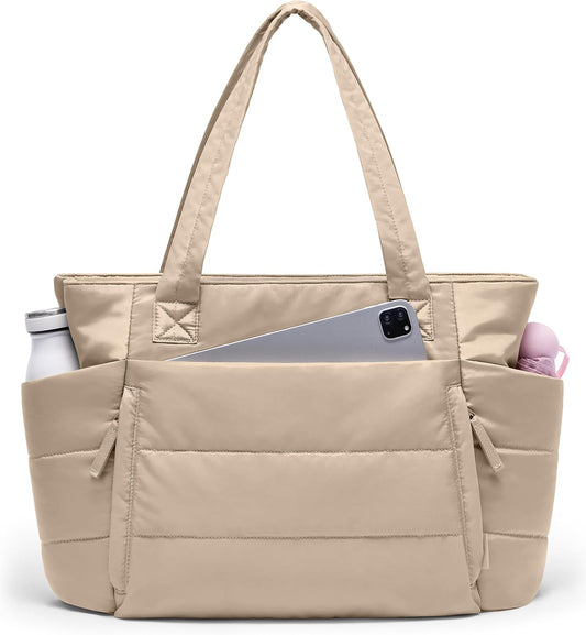 Tote Bag for Women with Zipper, Quilted Puffer Tote Bag with Compartments, Lightweight Puffy Work Bags for Women Travel
