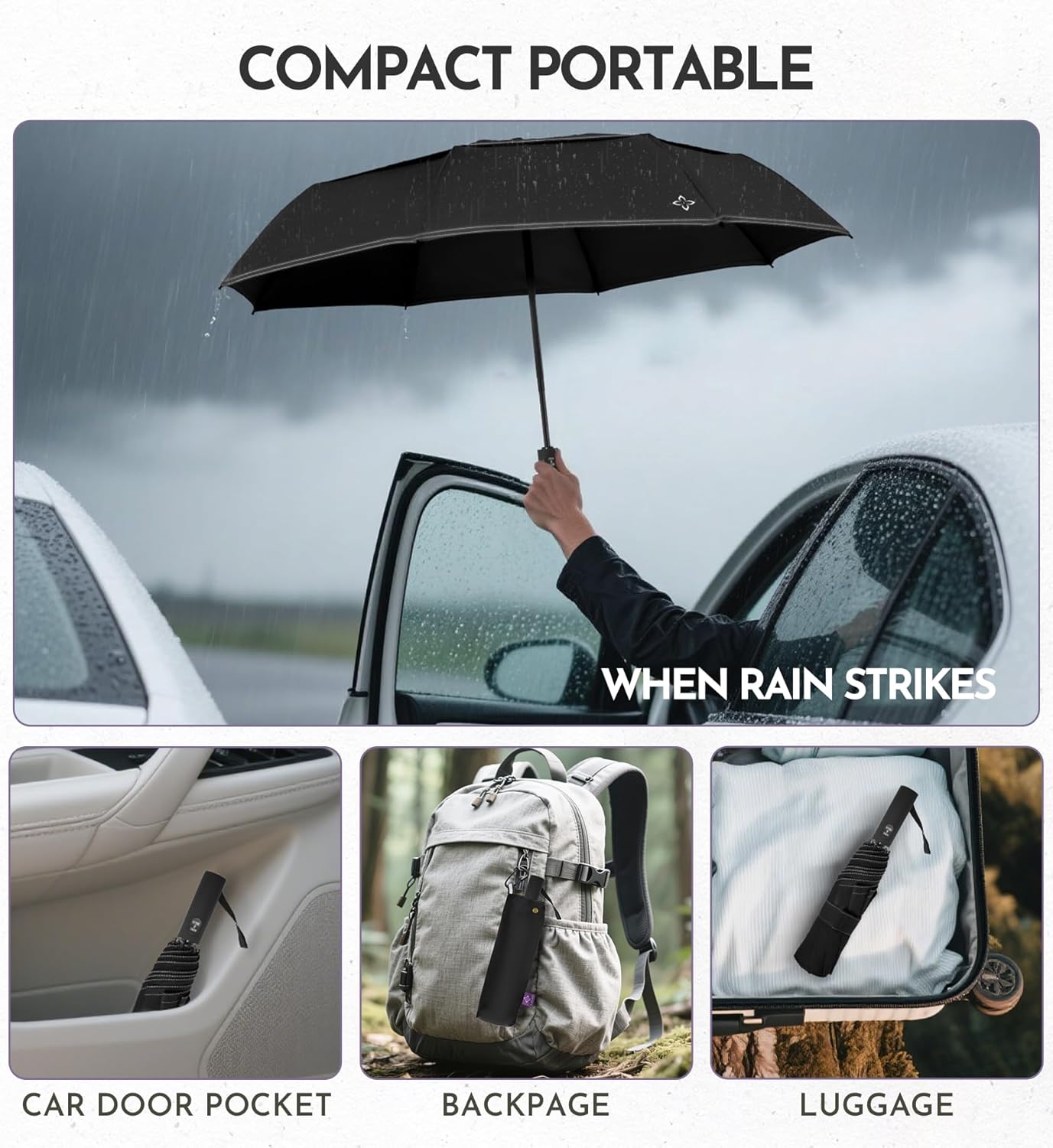 Compact Travel Windproof Umbrella, 43" Auto open/close Folding Quick Dry Umbrellas for Rain, Lightweight Portable Small for Backpack Car, less force to Fold for Women Men Kids, TSA Approved