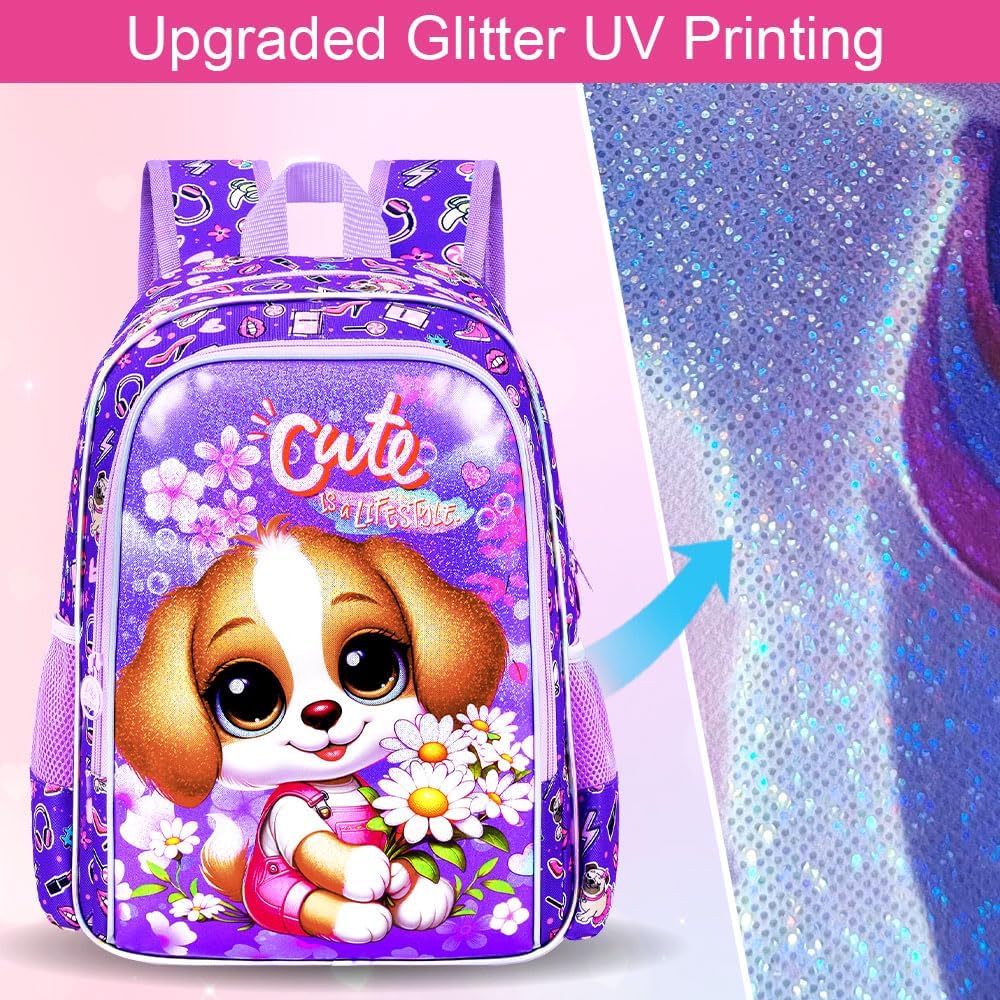 3PCS Girls Dog Backpack, Water Resistant Kids Bookbag Set with Lunch Box, Cute School Bag for Preschool Toddler