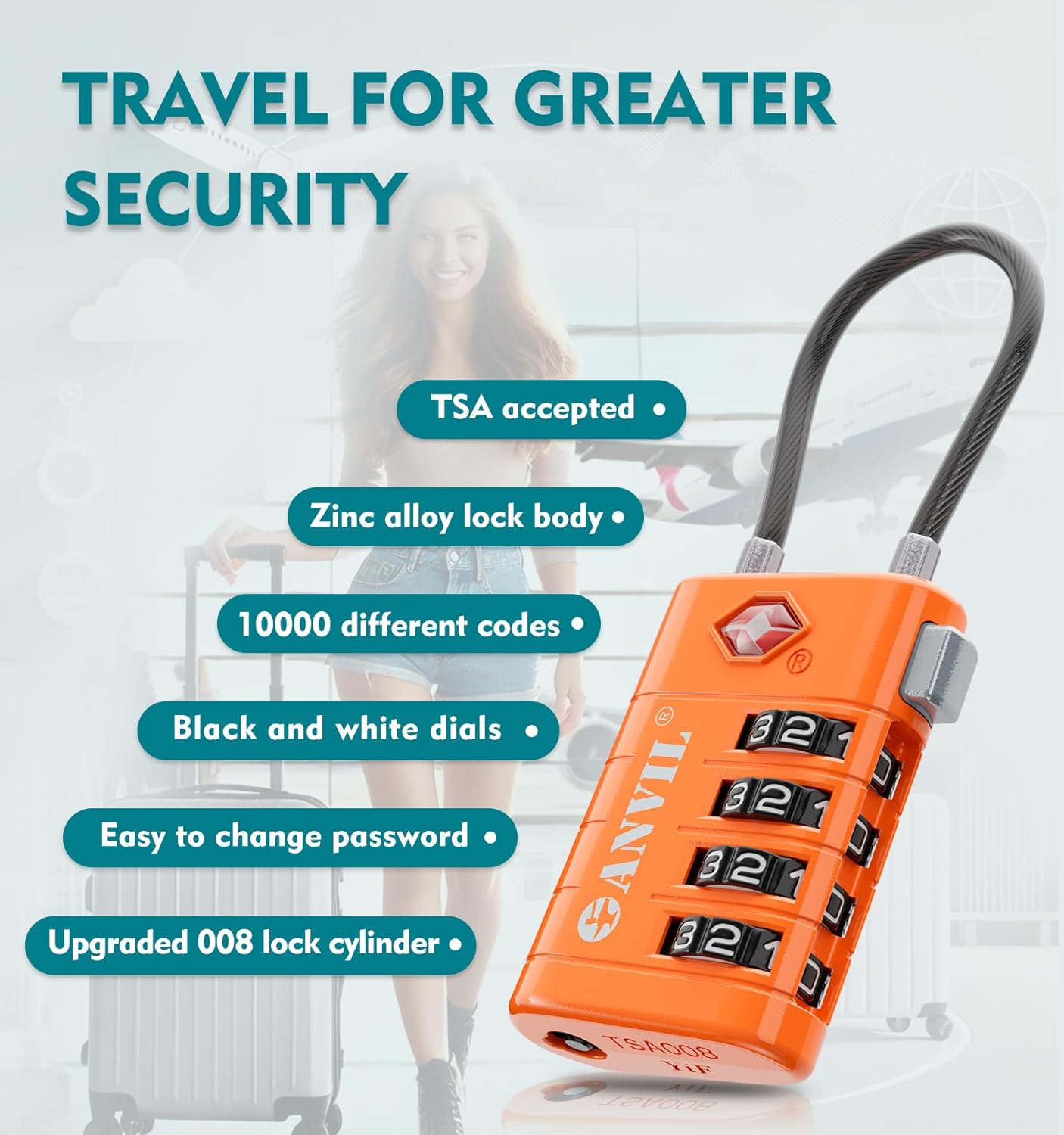 ANVIL TSA Approved Luggage Locks, 4 Digit Combination Travel Suitcase Locks with TSA008 Core and