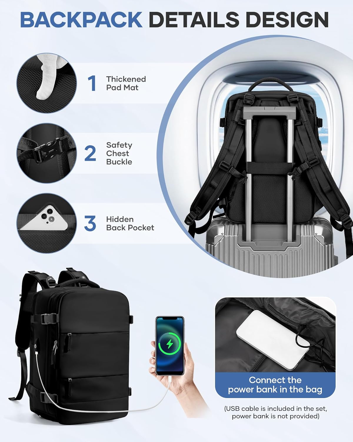 Vacuum Backpack Travel with Pump,Large Travel Backpack with Vacuum System,Mochila compresion al vacio,Flight Approved 18x14x8,Waterproof Carry on Personal Item Laptop Backpacks,Black