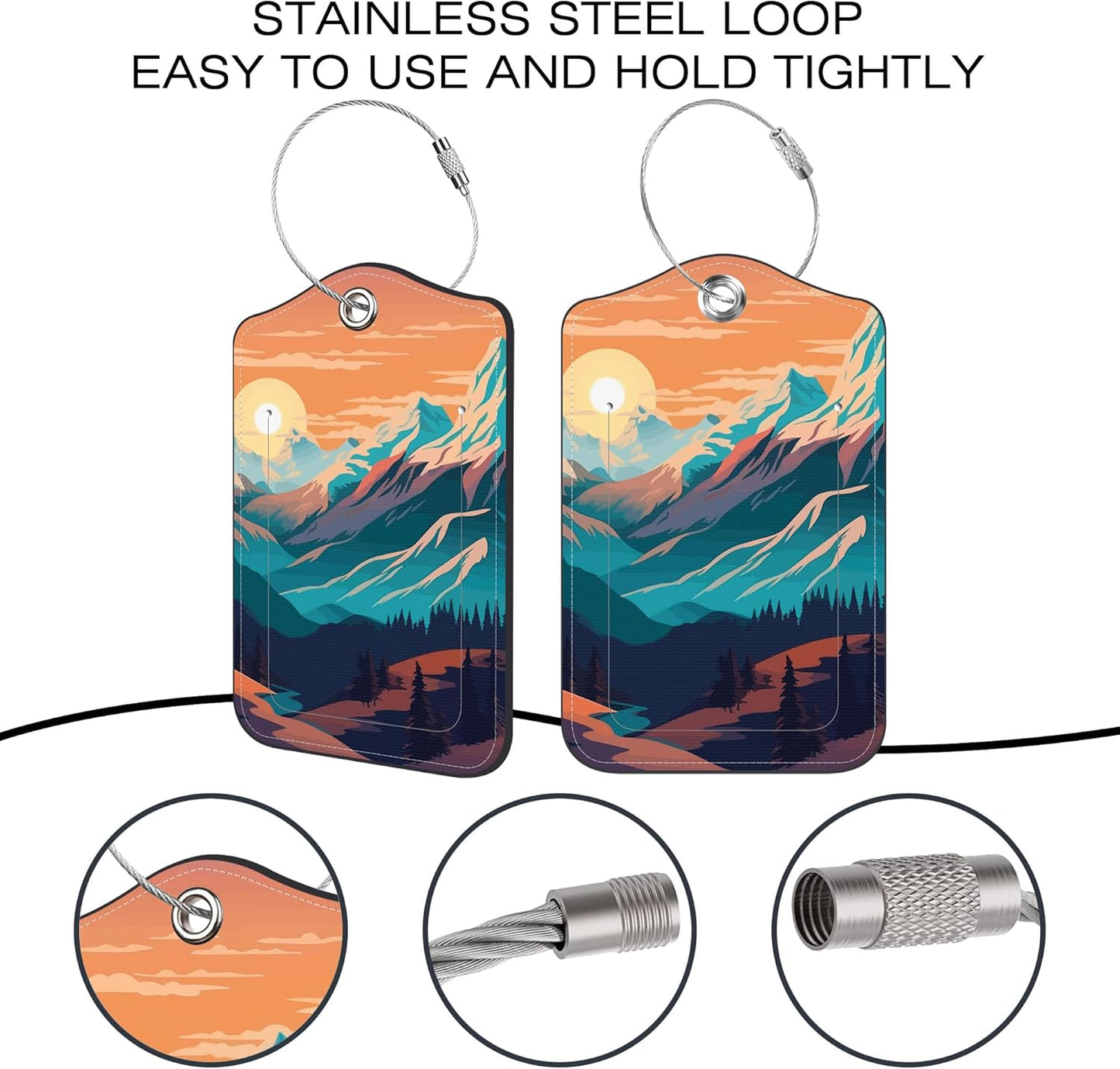 2 Pack Luggage Tags,Sunset in The Mountains PU Leather Idea Baggage Tag with ID Labels Privacy Cover Metal Ring Men and Women Travel Bag Labels