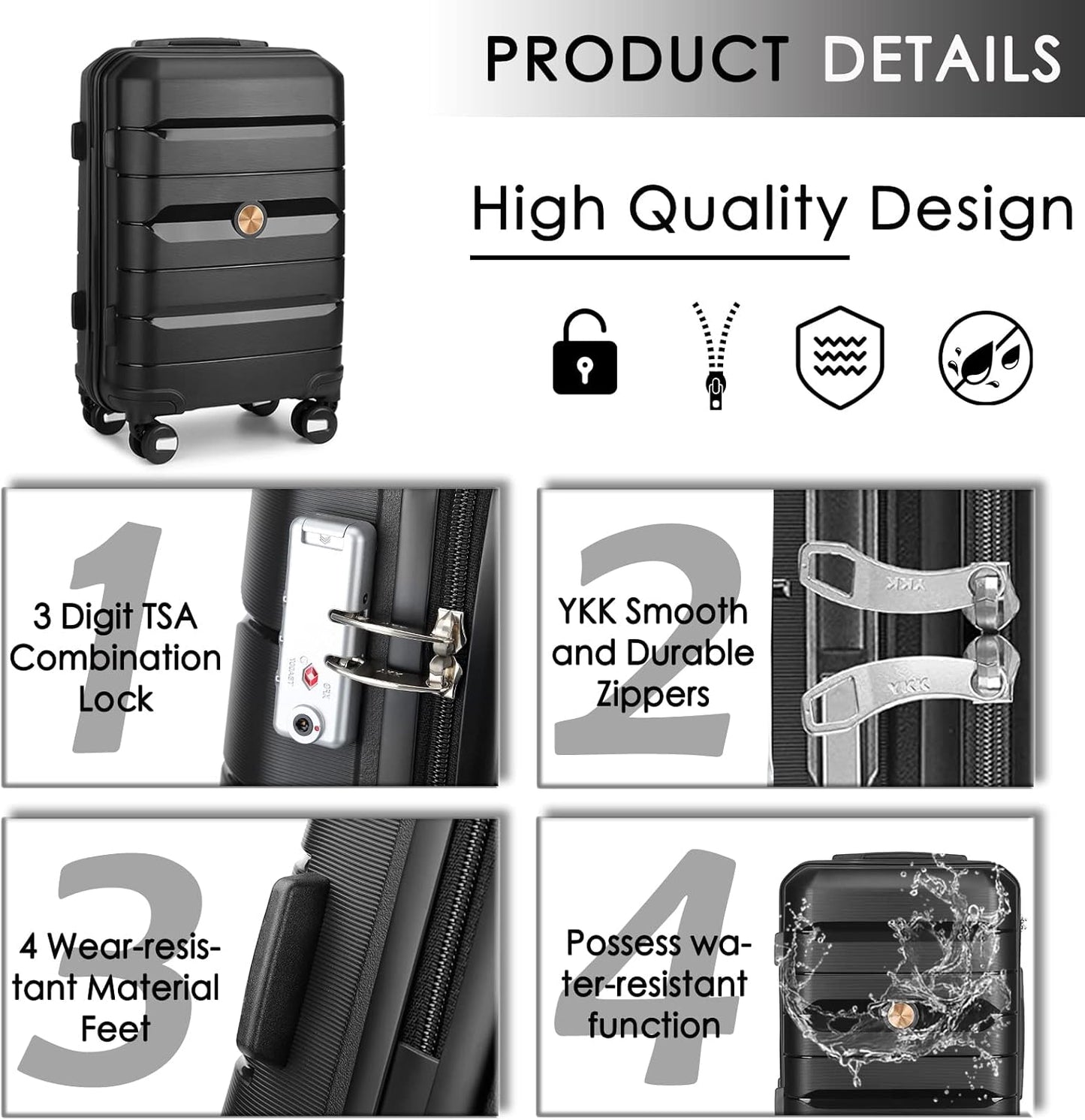 Somago 20 Inch Carry On Luggage Sets Hardside Suitcase with Double Spinner Wheels and TSA Lock YKK Zipper (Classic Black,14/20)