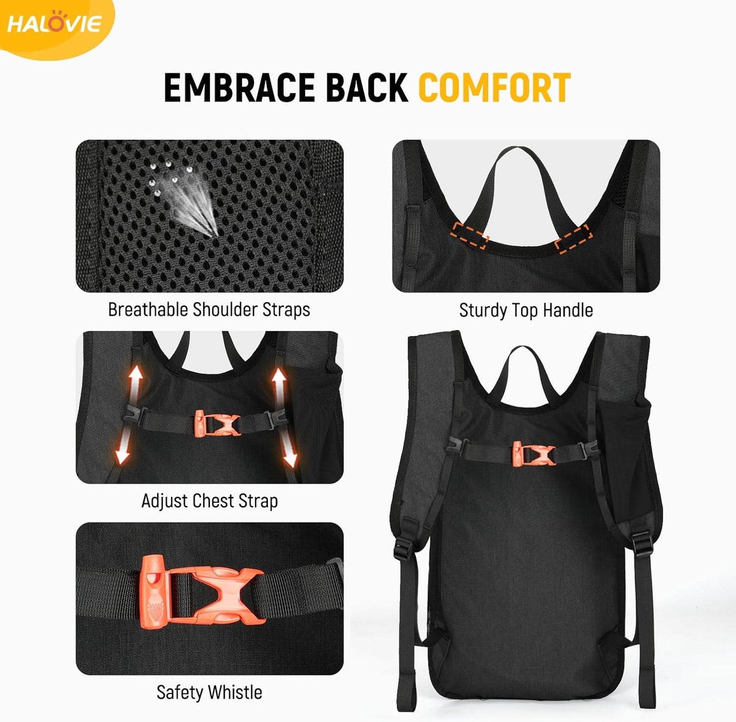 HALOVIE 15L Foldable Hiking Backpack Phone Pocket Lightweight Travel Daypack Shoulder with Chest Strap Small Packable Pack for Walking Women Men (Black)