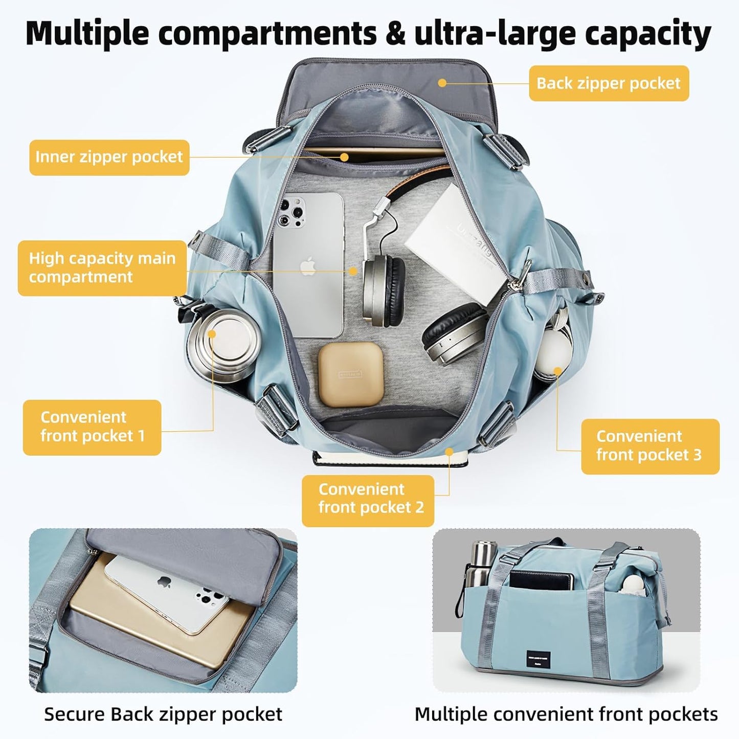 Hanke Expandable Travel Tote Bag 39L, Foldable Duffle Bag for Travel, Carry On Weekend Bags for Women With Multiple Pockets（Sky Blue）