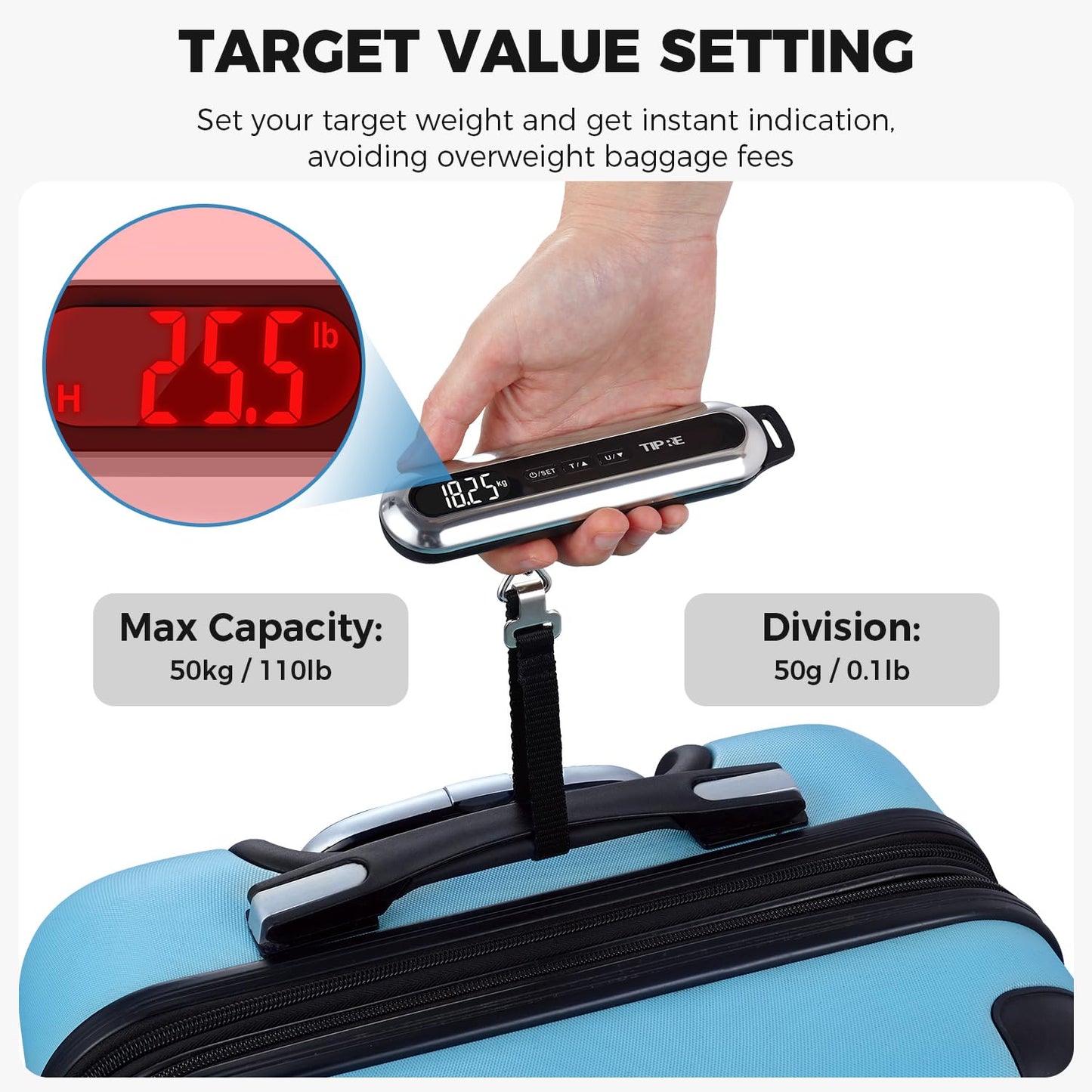 Travel Luggage Scale 110lb Digital Suitcase Scale Portable Weight Scale Handheld Baggage Scale High Precision Stainless Steel Luggage Scale Carry-on Weight Scale Lightweight Travel Tool