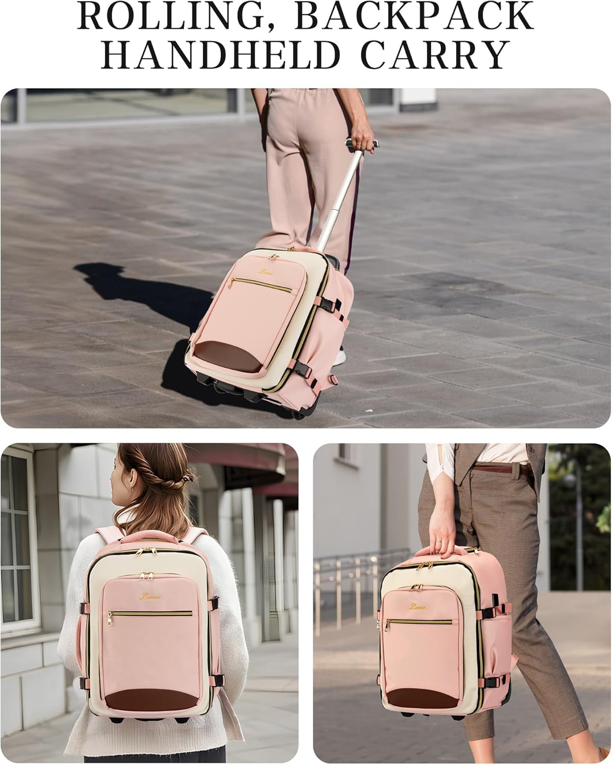 Carry On Backpack with Wheels for Adults, Airline Approved Rolling Backpack for Women, Foldable Bottom Travel Laptop Backpack (Pink)